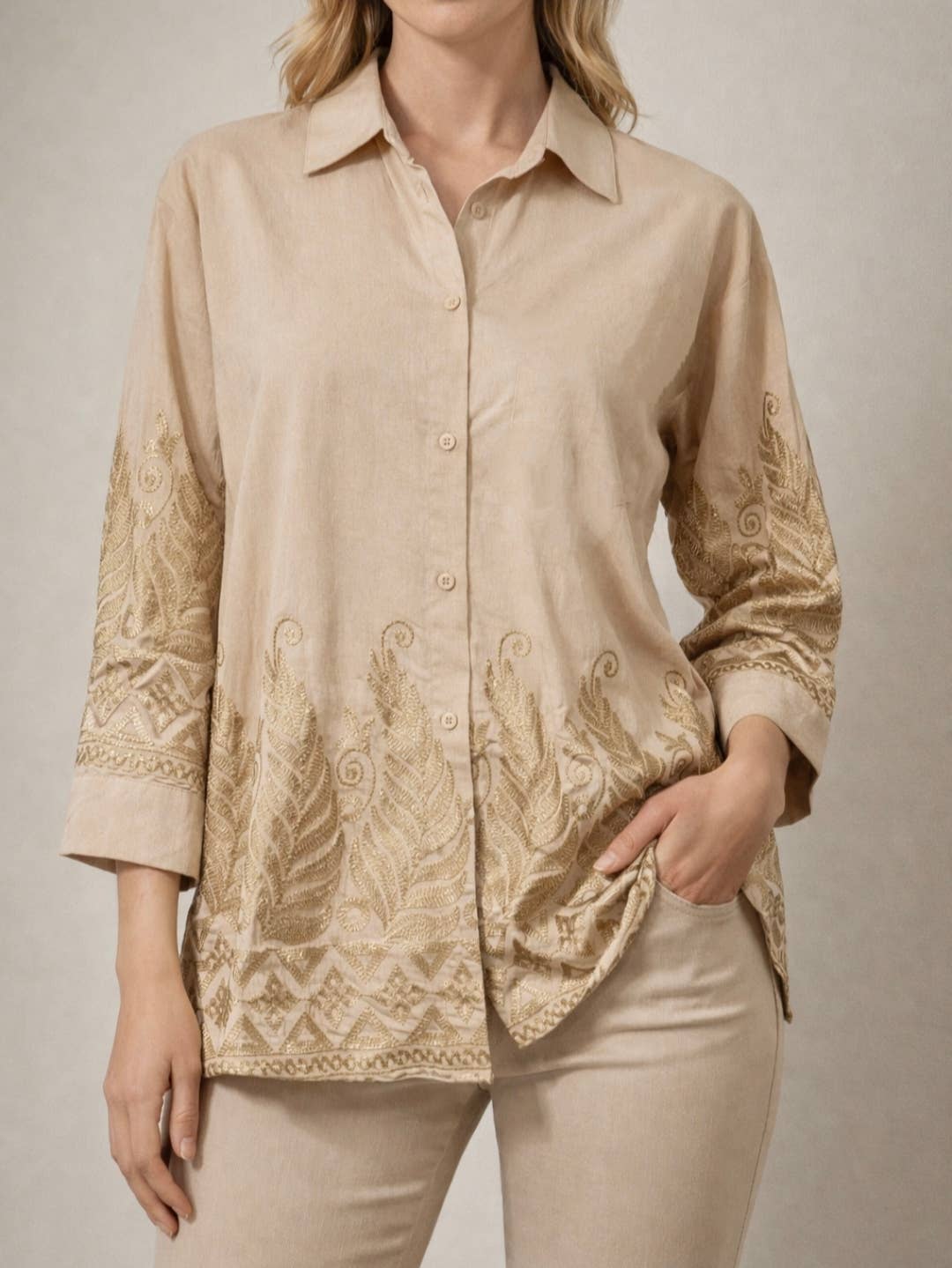 FL011 women's gold-embroidered shirt: Beige / M/L L/XL