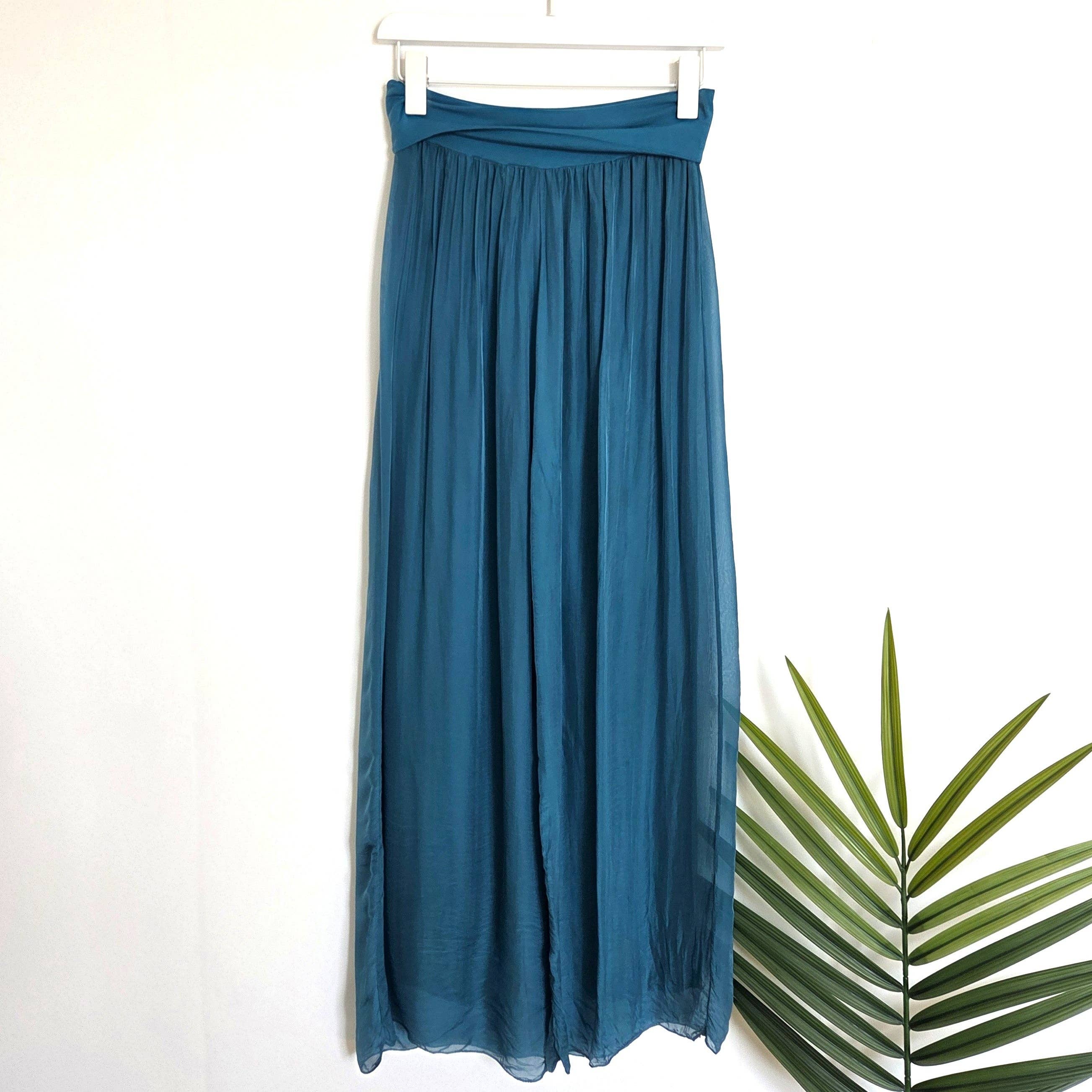 Straight leg silk blend pants with stretchy jersey waist band: Teal