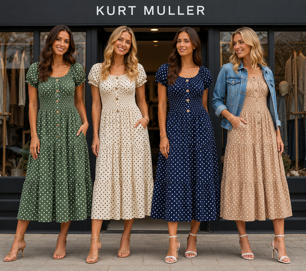 Priya Polka Dot Midi Bardot Dress: Beige