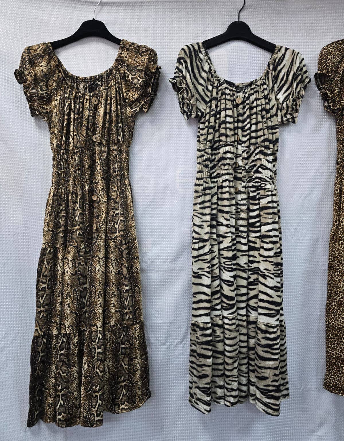 Animal Printed Bardot Midi Dresses: Brown Leopard