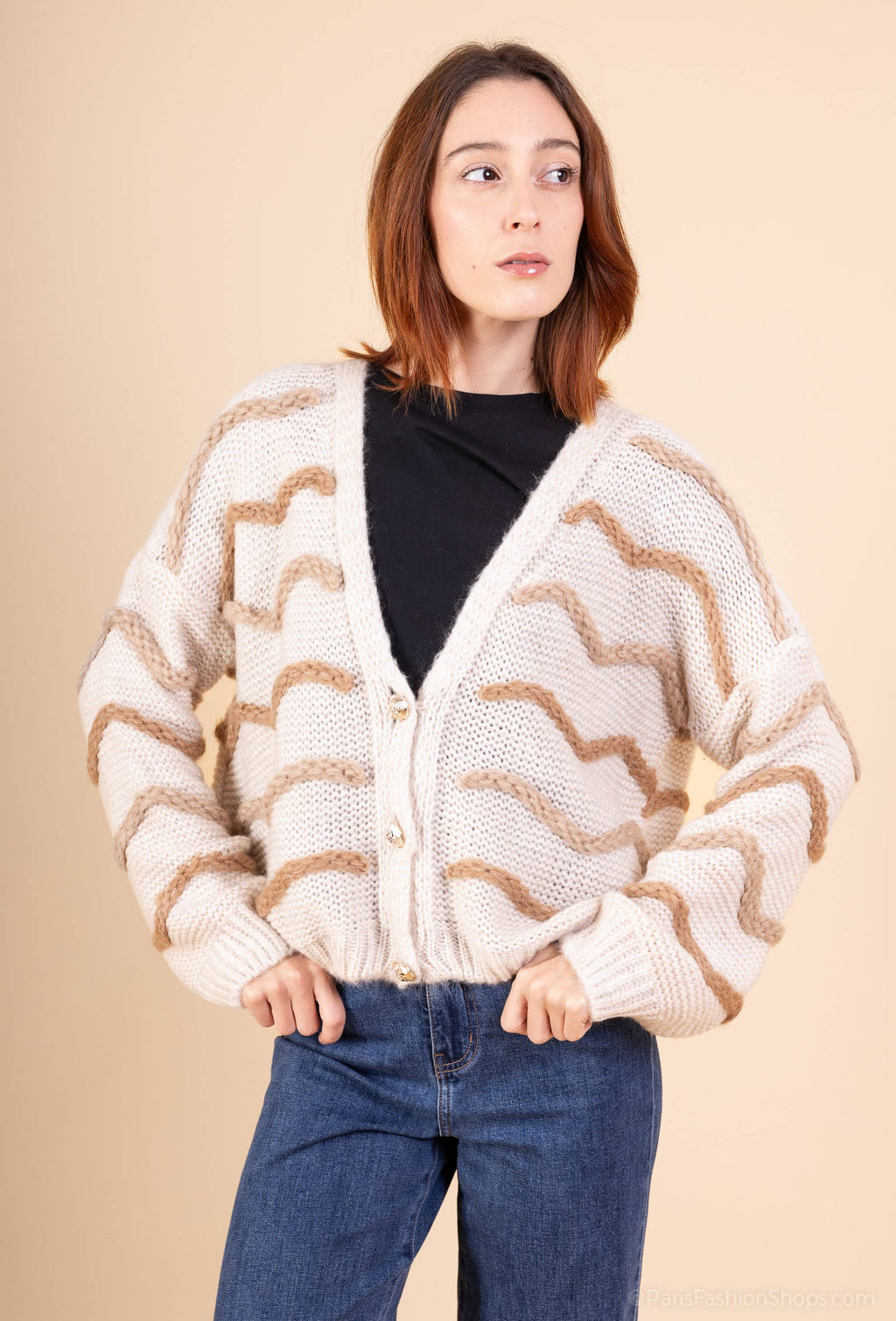 Mohair wave cardigan 13423: 10% mohair 20% nylon 70% acrylique / Chocolat / Taille unique