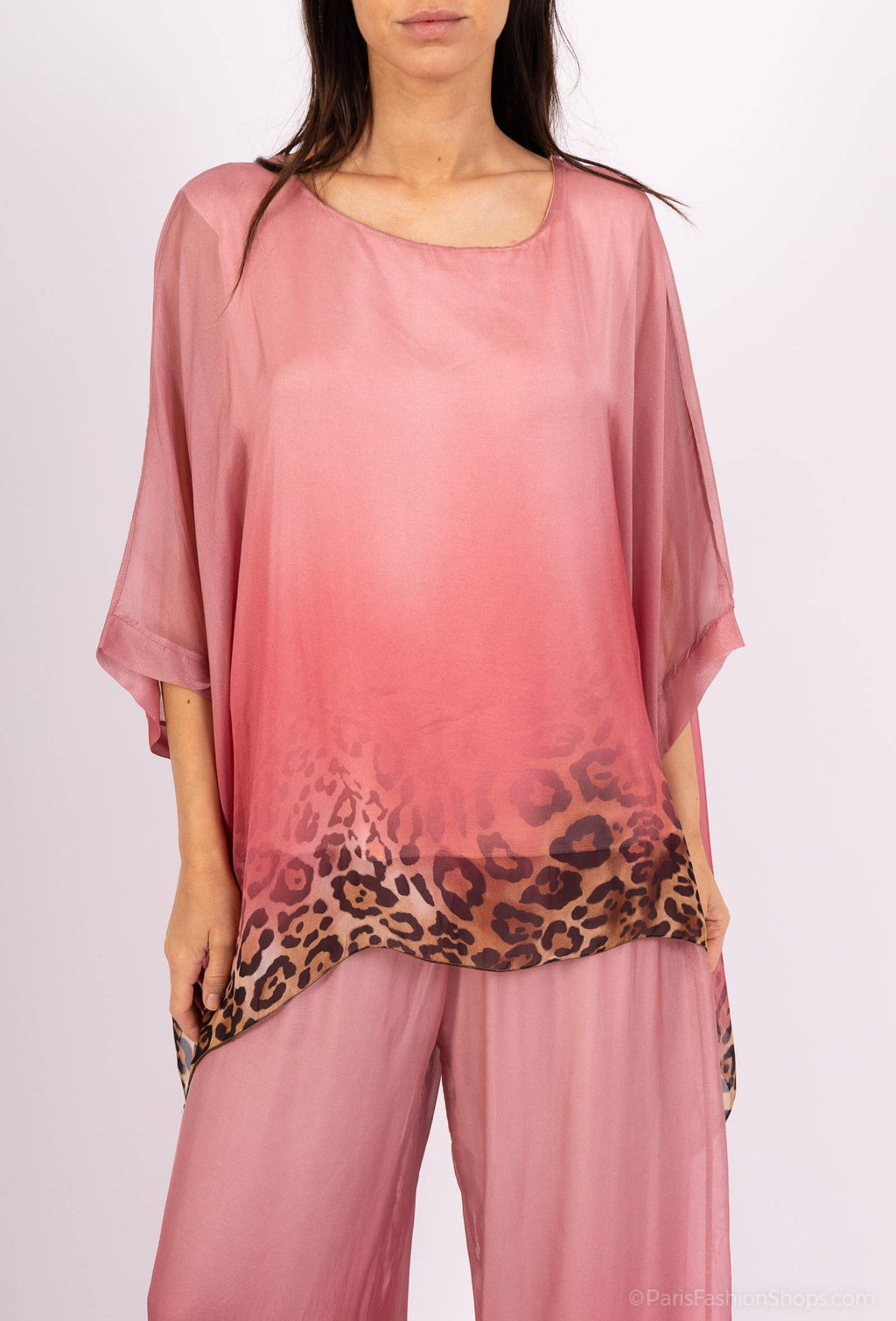 Leopard Print Silk Top 50489: 30% silk 70% viscose / Camel / One size