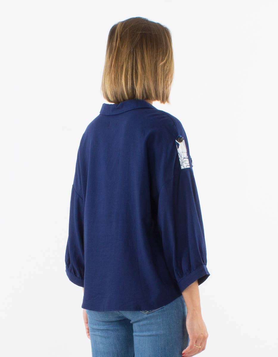 Jacket — woman-VE17083: Navy / Chic lapel jacket with linen / L