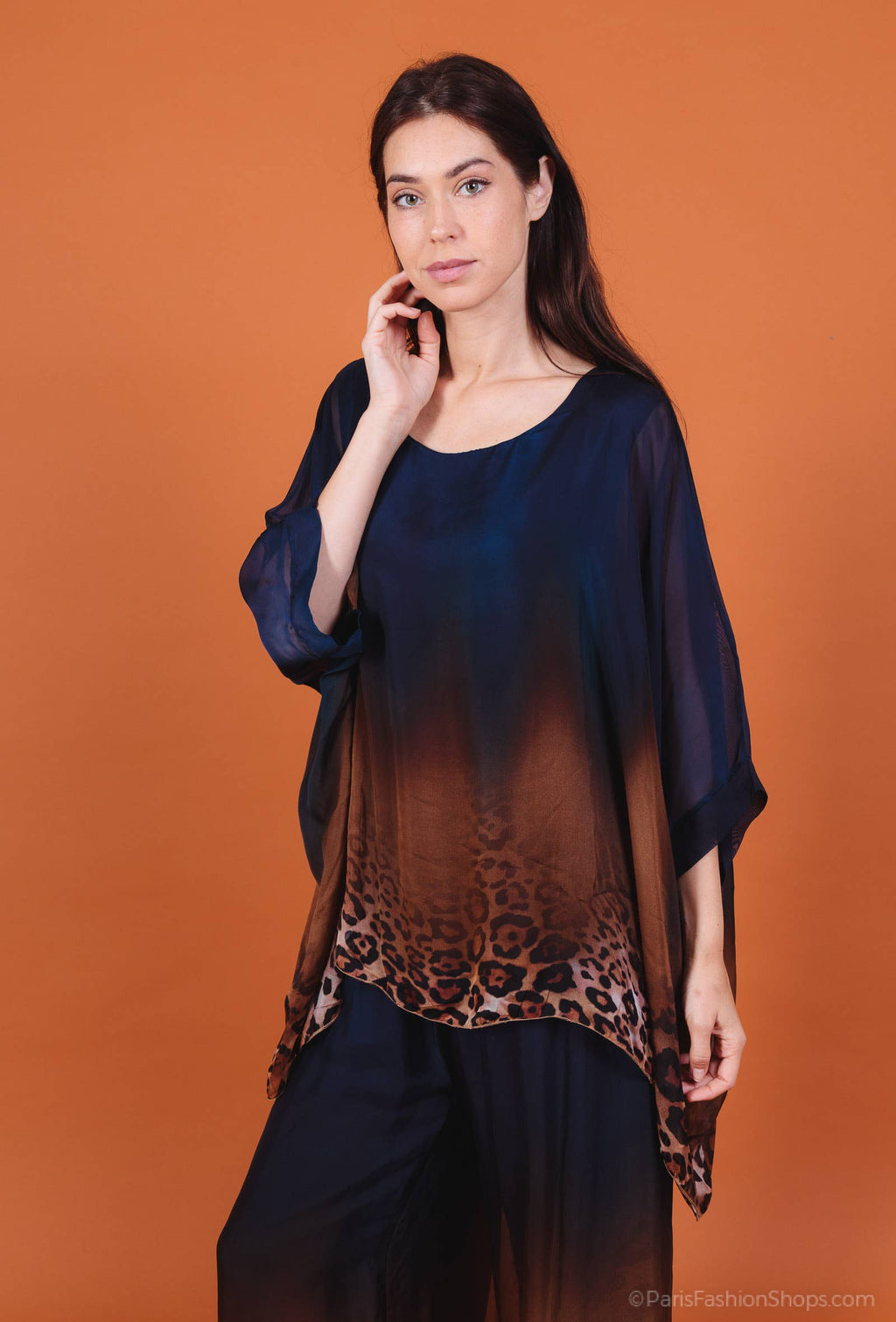 Leopard Print Silk Top 50489: 30% silk 70% viscose / Camel / One size