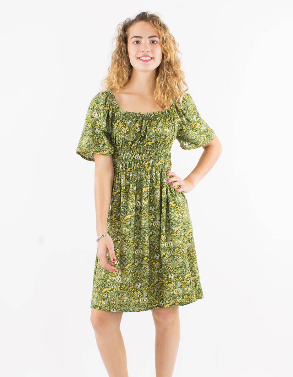 Women's dress-RO17142: Khaki / Bohemian short dress with smocks / M