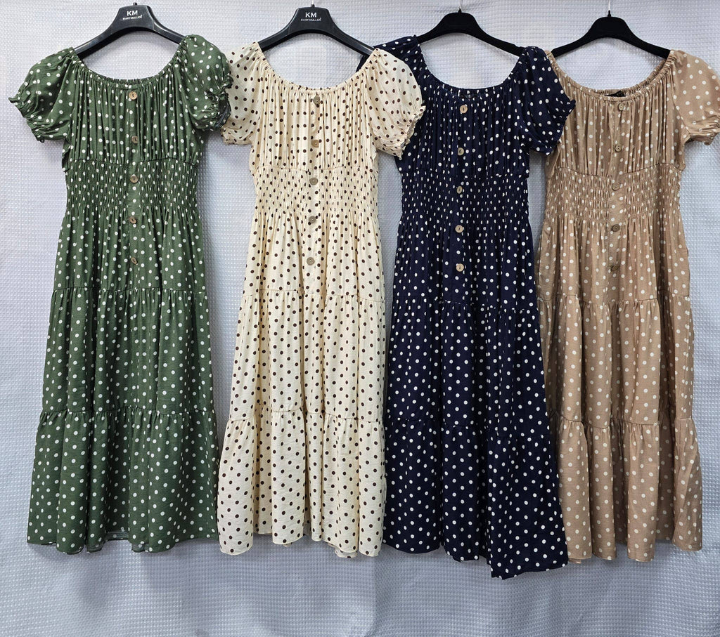 Priya Polka Dot Midi Bardot Dress: Khaki green