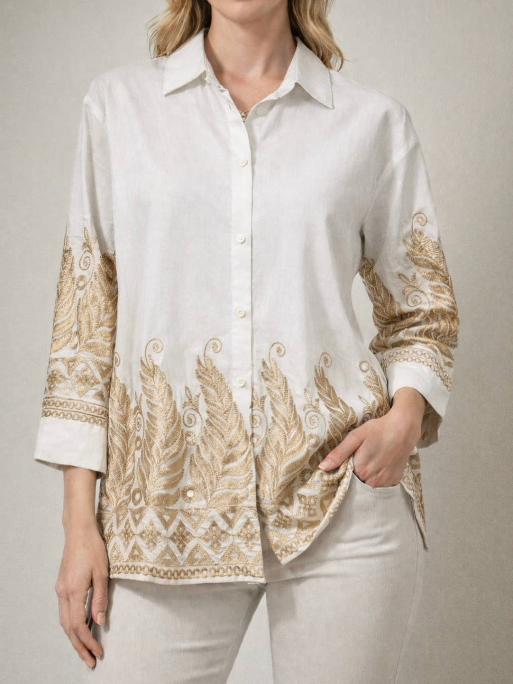 FL011 women's gold-embroidered shirt: Beige / M/L L/XL