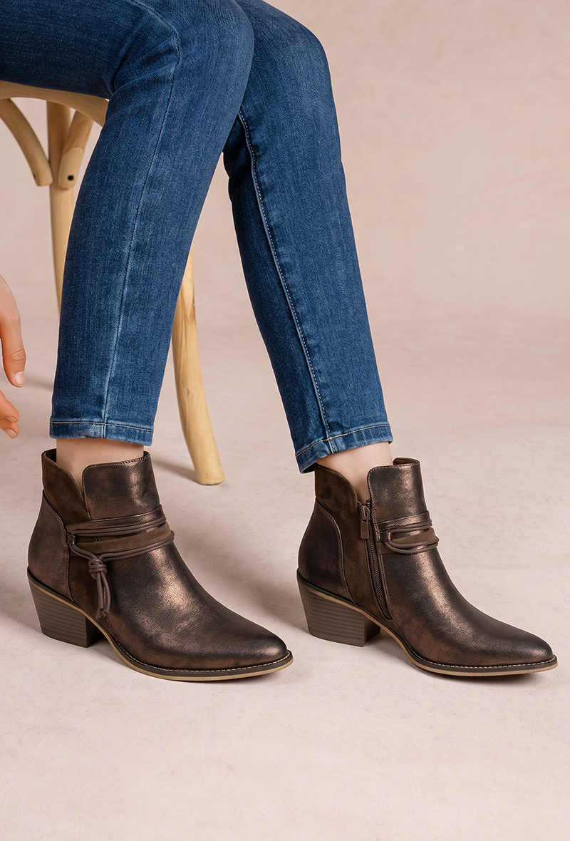 Metallic Ankle Boots with Tied Laces and Pompom (Ref: F6970): Green / 36-41 (223221)