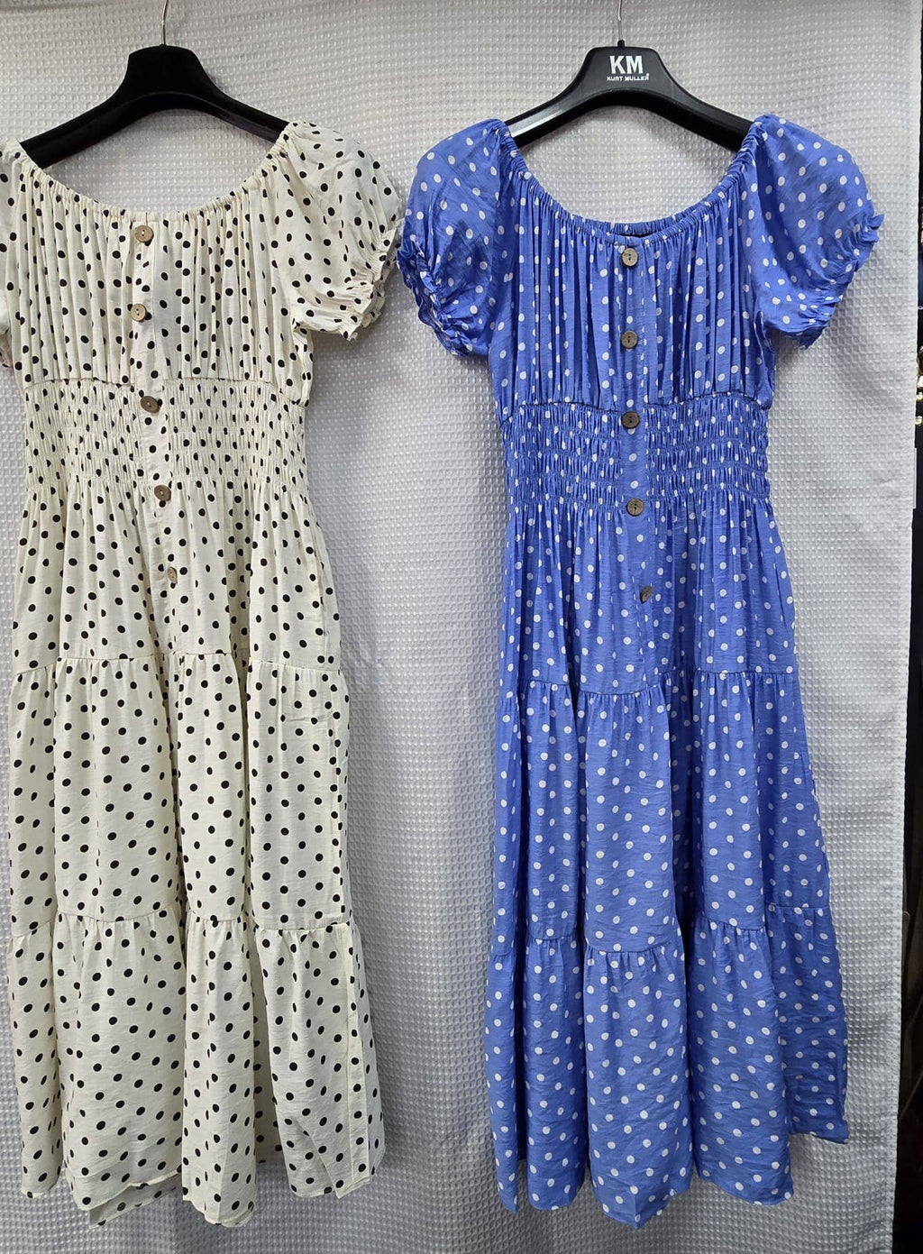 Priya Polka Dot Midi Bardot Dress: Sky blue