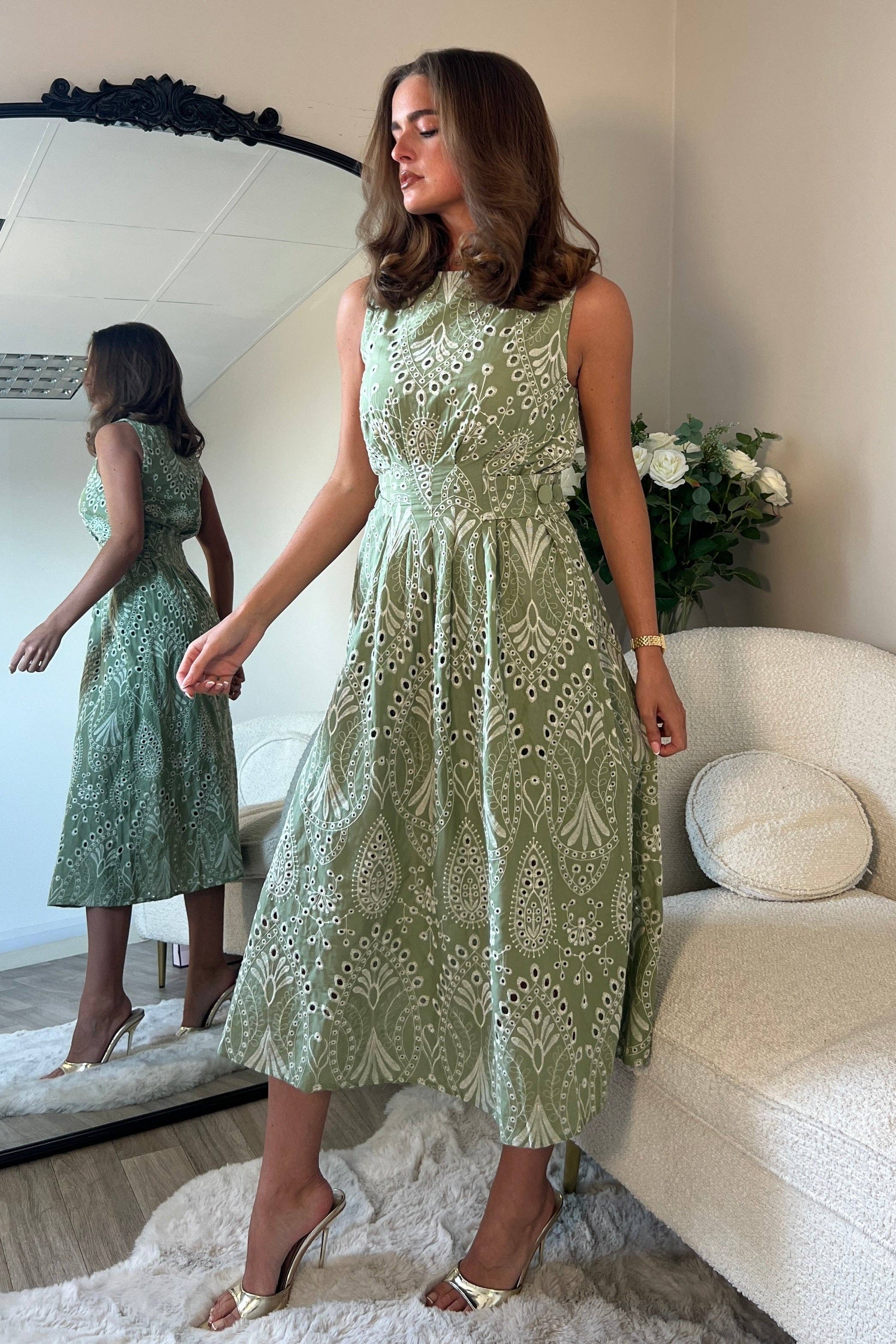 Monroe Adjustable Waist Midi Sundress In Green Broidery: Green