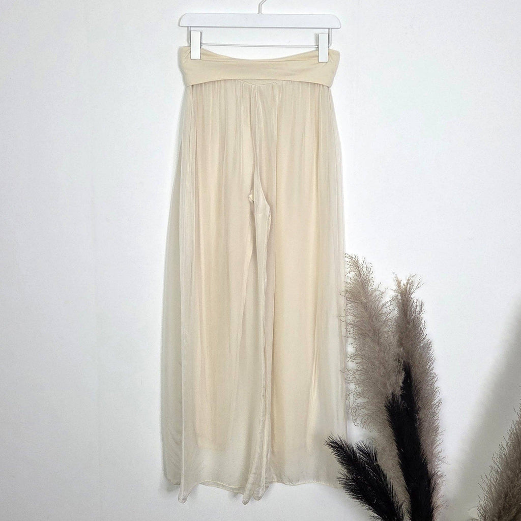 Straight leg silk blend pants with stretchy jersey waist band (M-L): Aqua