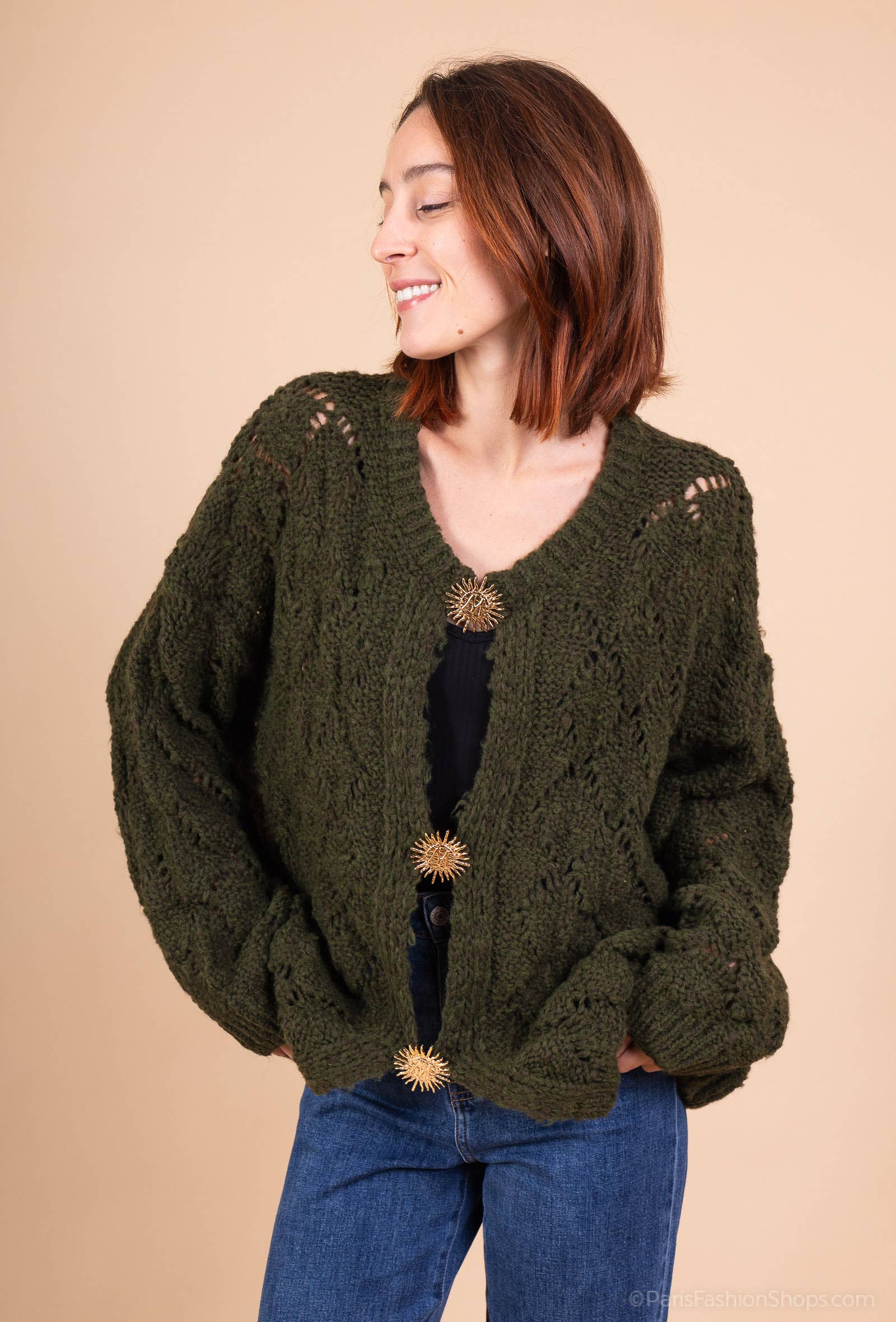 Mohair cardigan 3 sun brooches 41002: 10% mohair 20% nylon 70% acrylic / Khaki / One size