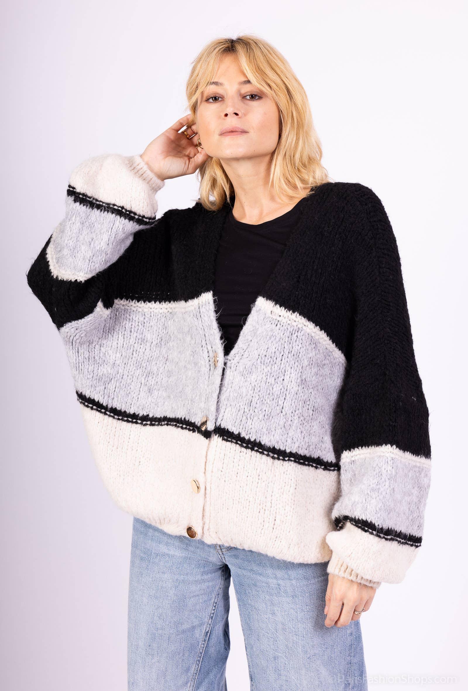 Multicolored wool cardigan 13421: 9% wool 9% viscose 18% nylon 64% acrylic / Grey / One size