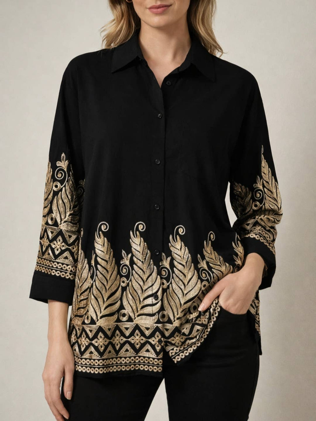 FL011 women's gold-embroidered shirt: White / M/L L/XL