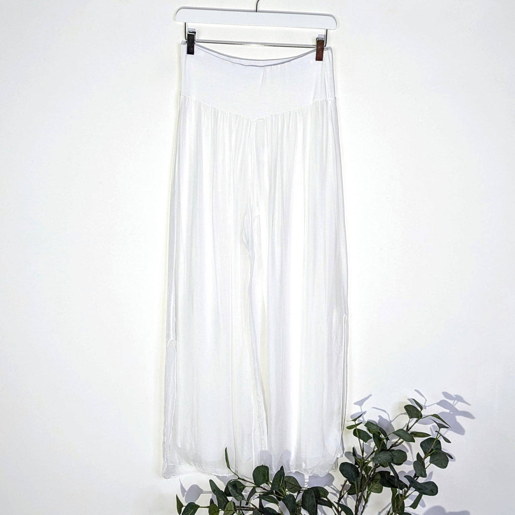 Straight leg silk blend trousers with stretchy waist band: MGRY