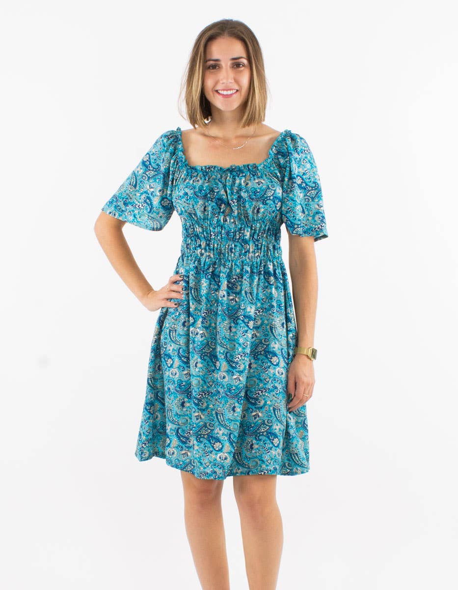 Women's dress-RO17142: Khaki / Bohemian short dress with smocks / XL