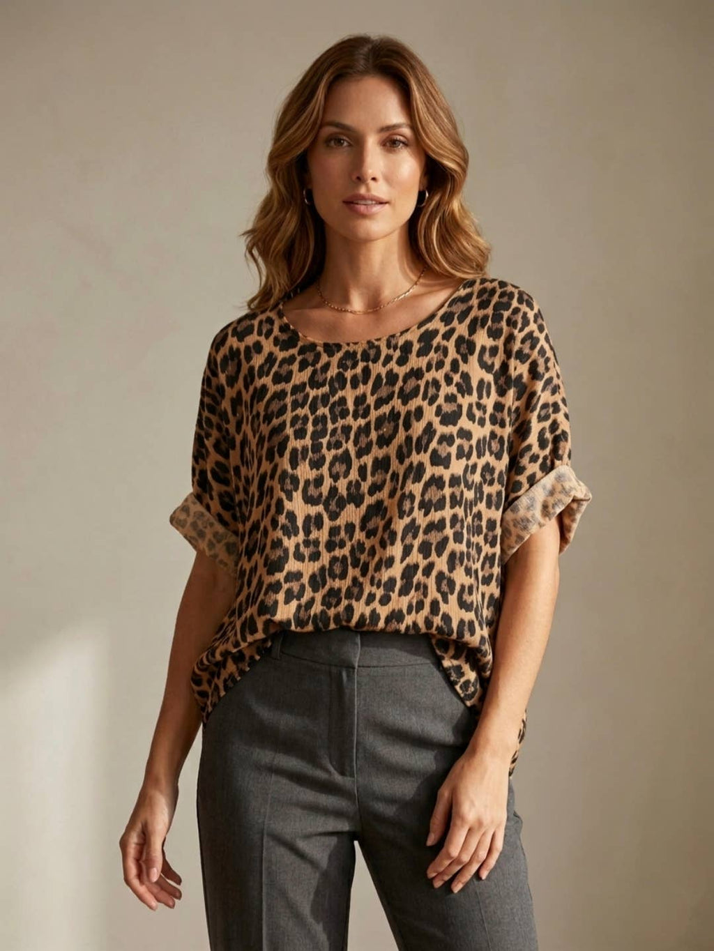 Leopard cotton-gauze blouse: Beige