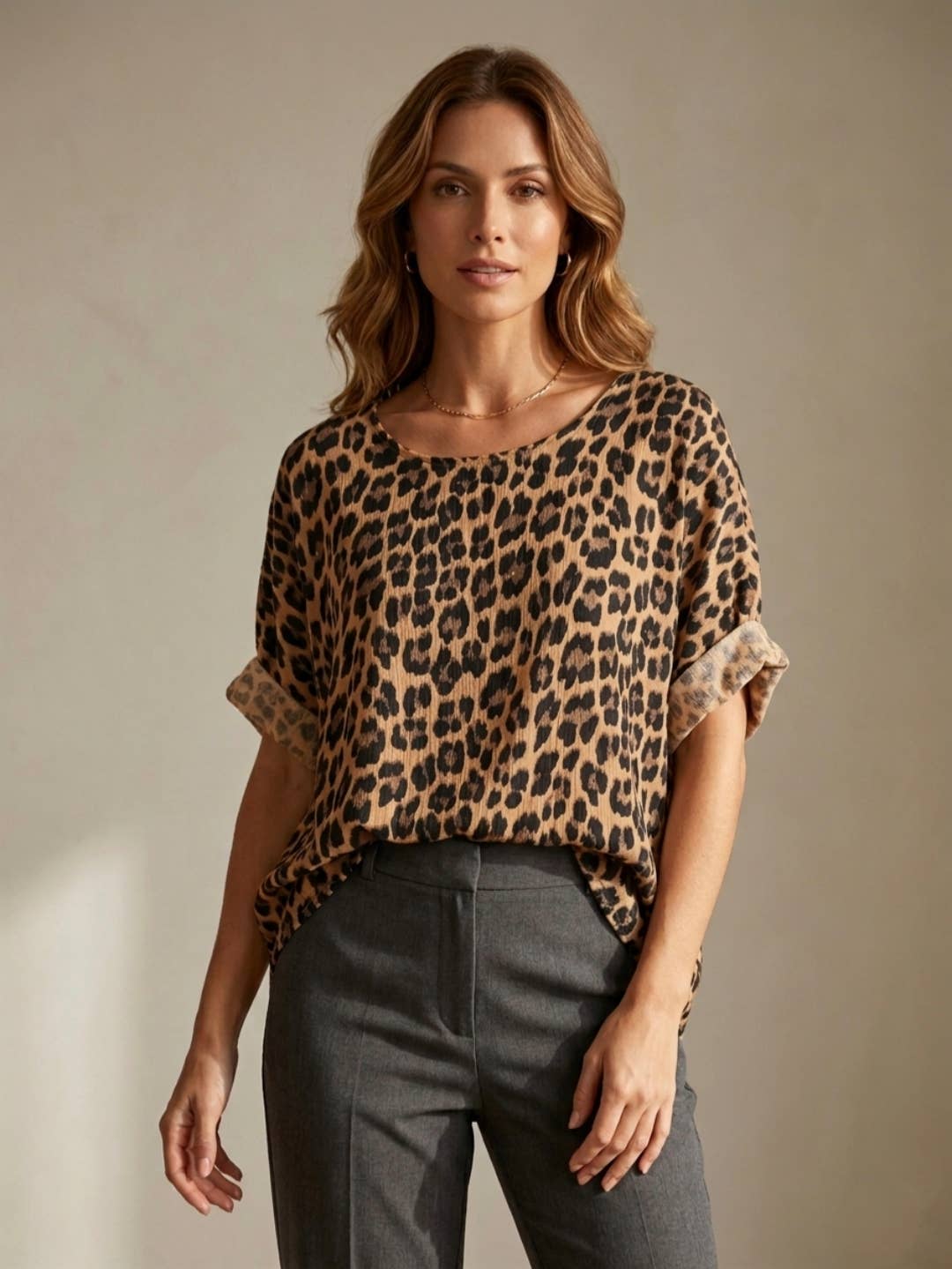 Leopard cotton-gauze blouse: Beige