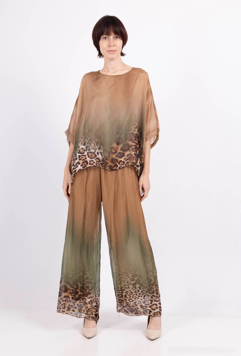 Leopard Print Silk Top 50489: 30% silk 70% viscose / Camel / One size