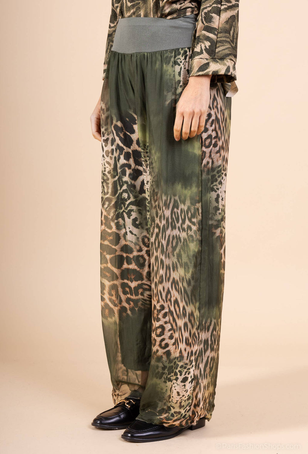 Leopard Silk Pants 20572: Khaki