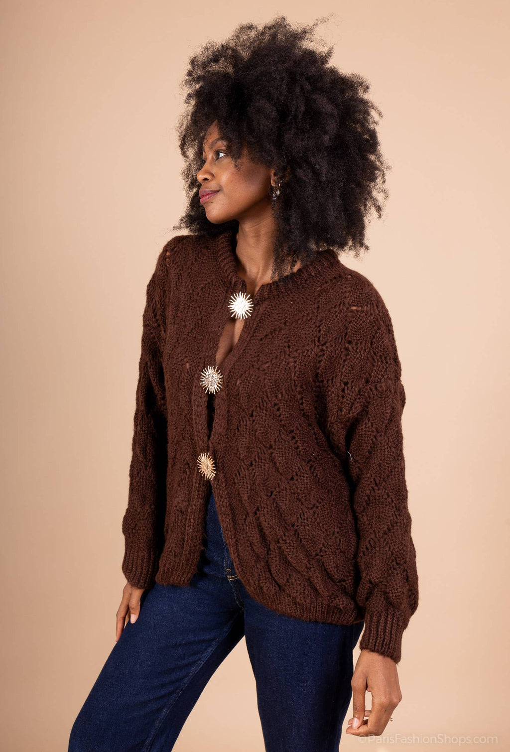 Mohair cardigan 3 sun brooches 41002: 10% mohair 20% nylon 70% acrylic / Khaki / One size