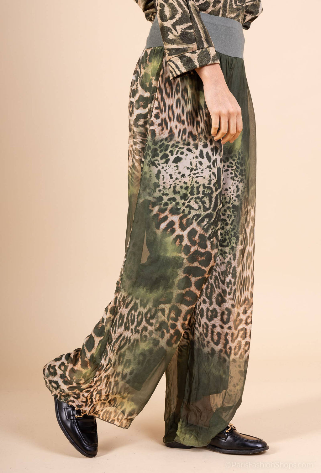 Leopard Silk Pants 20572: Khaki