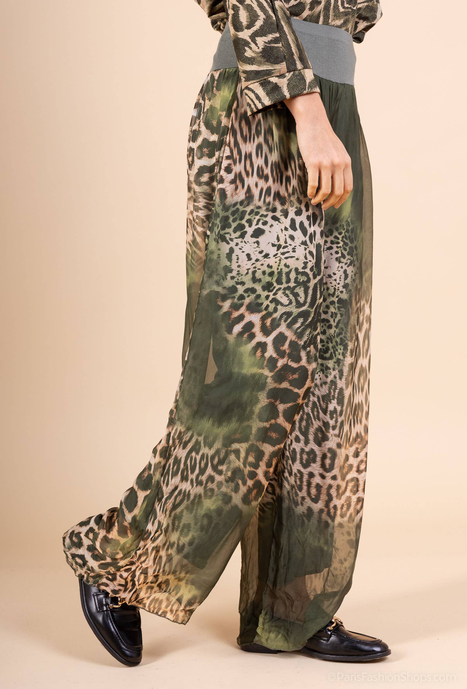 Leopard Silk Pants 20572: Khaki