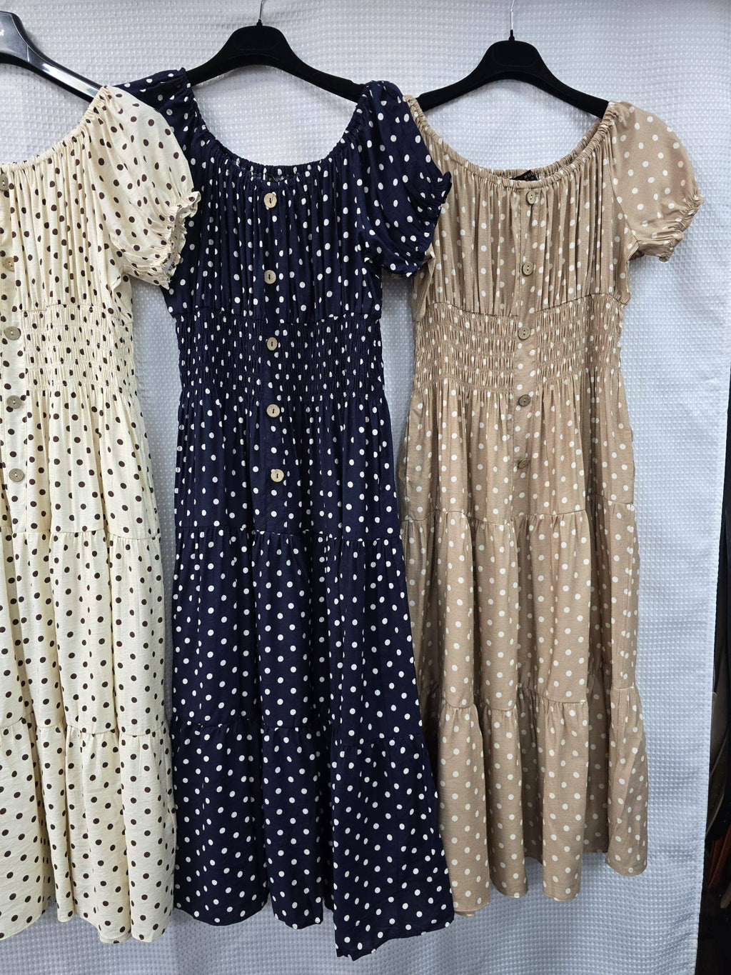 Priya Polka Dot Midi Bardot Dress: Sky blue