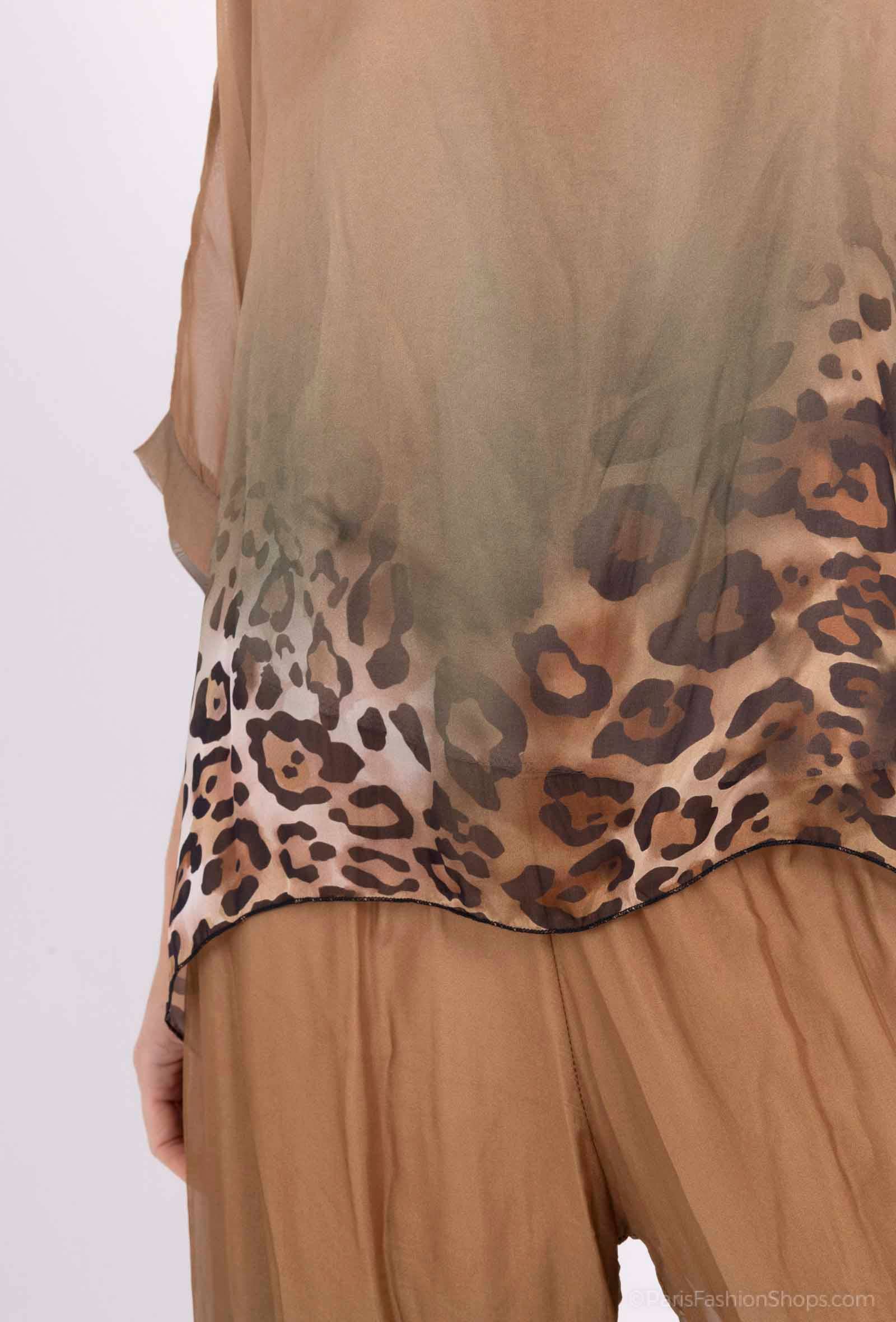 Leopard Print Silk Top 50489: 30% silk 70% viscose / Chocolate / One size