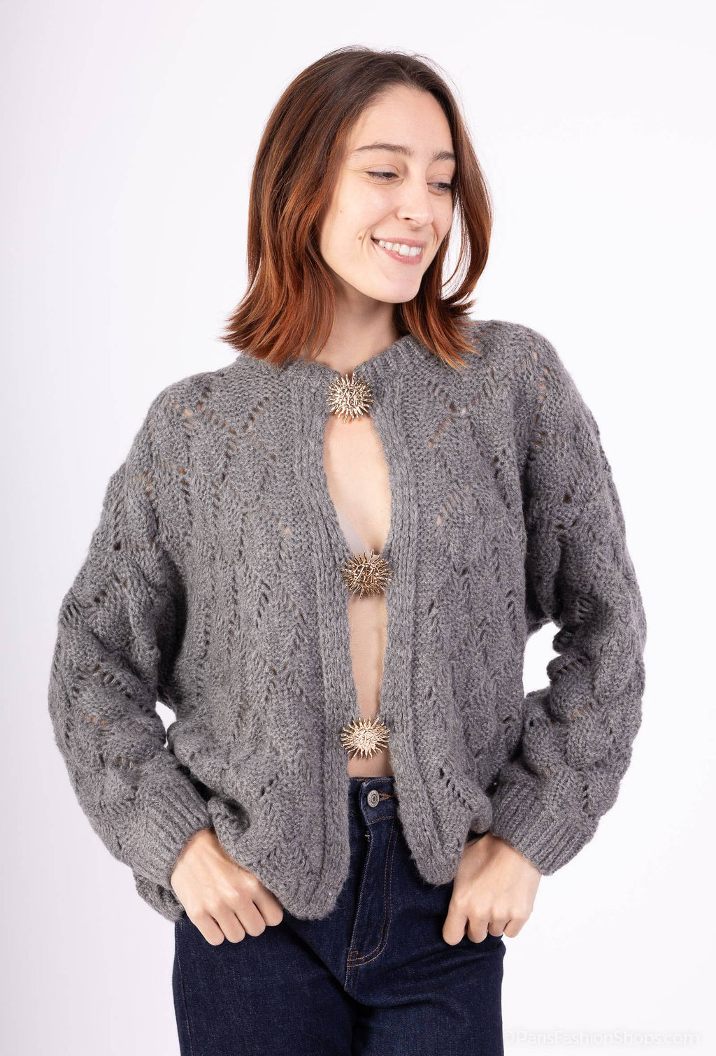 Mohair cardigan 3 sun brooches 41002: 10% mohair 20% nylon 70% acrylic / Khaki / One size