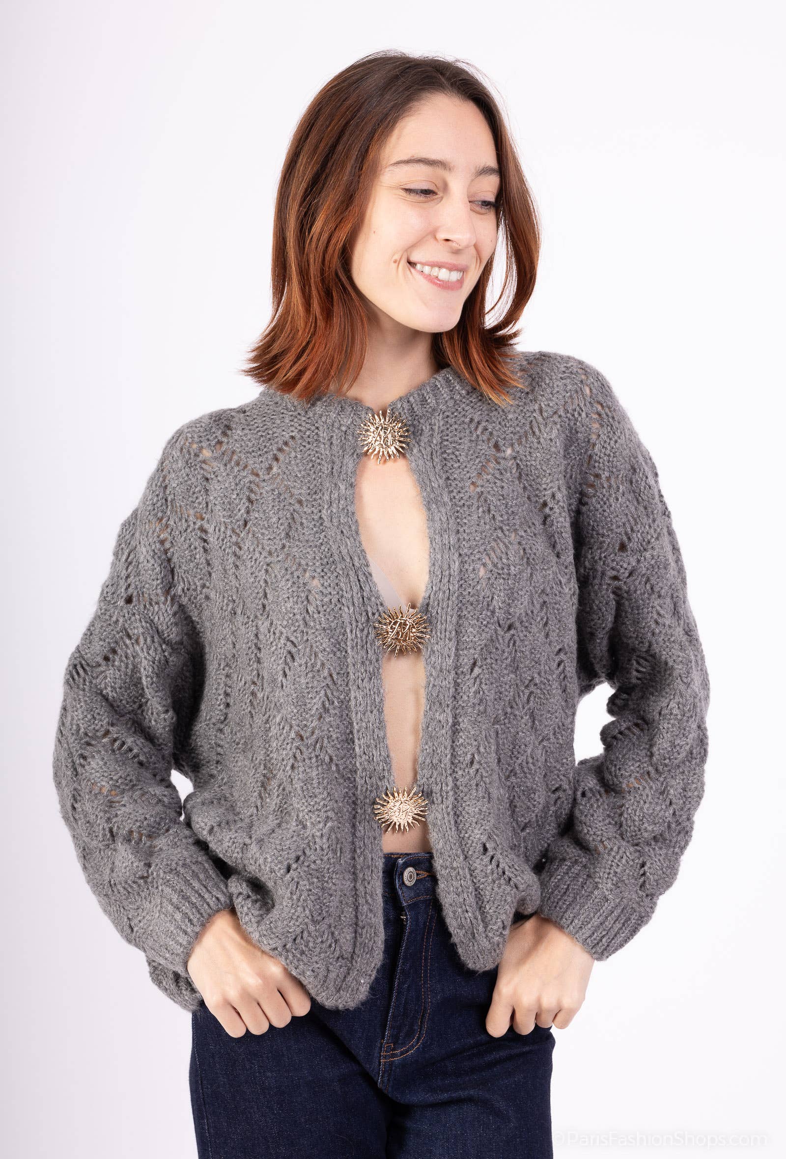 Mohair cardigan 3 sun brooches 41002: 10% mohair 20% nylon 70% acrylic / Khaki / One size