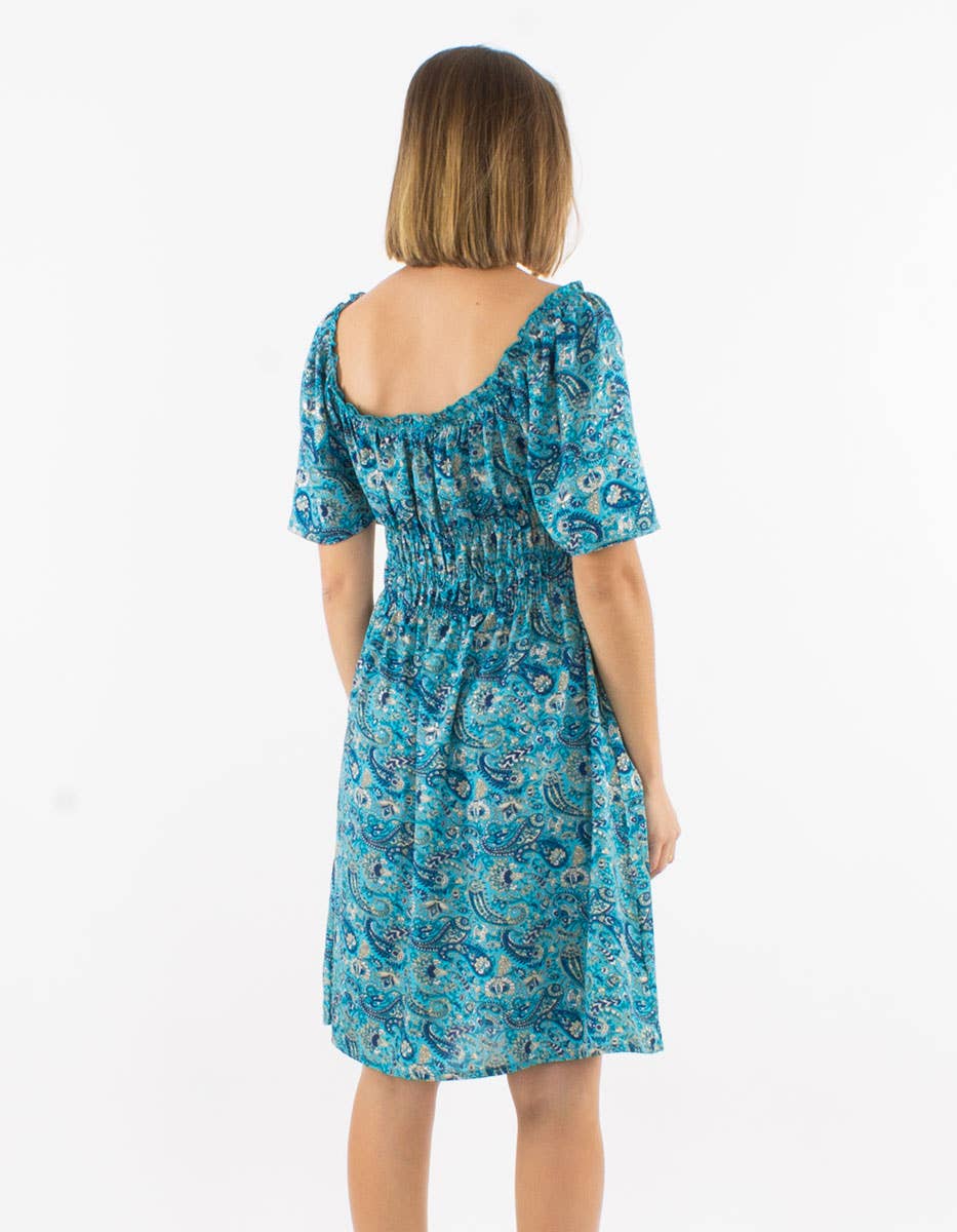 Women's dress-RO17142: Khaki / Bohemian short dress with smocks / S