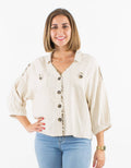 Jacket — woman-VE17083: Ecru / Chic lapel jacket with linen / M