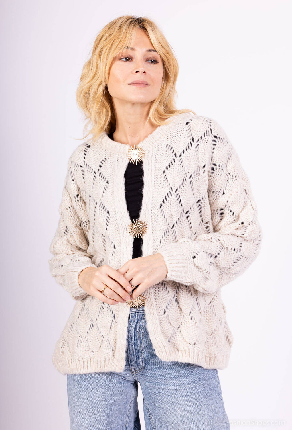 Mohair cardigan 3 sun brooches 41002: 10% mohair 20% nylon 70% acrylic / Chocolate / One size
