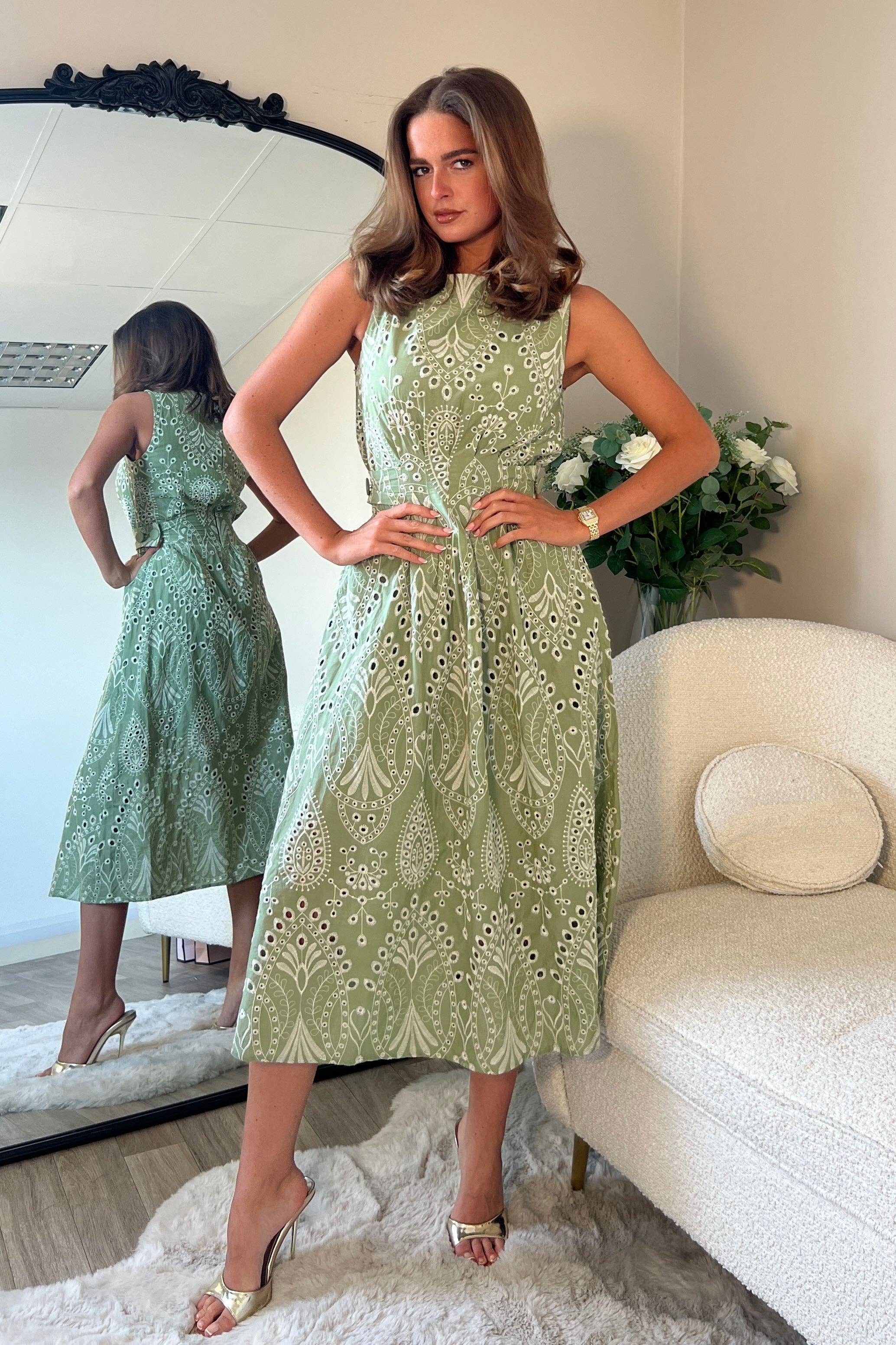 Monroe Adjustable Waist Midi Sundress In Green Broidery: Green