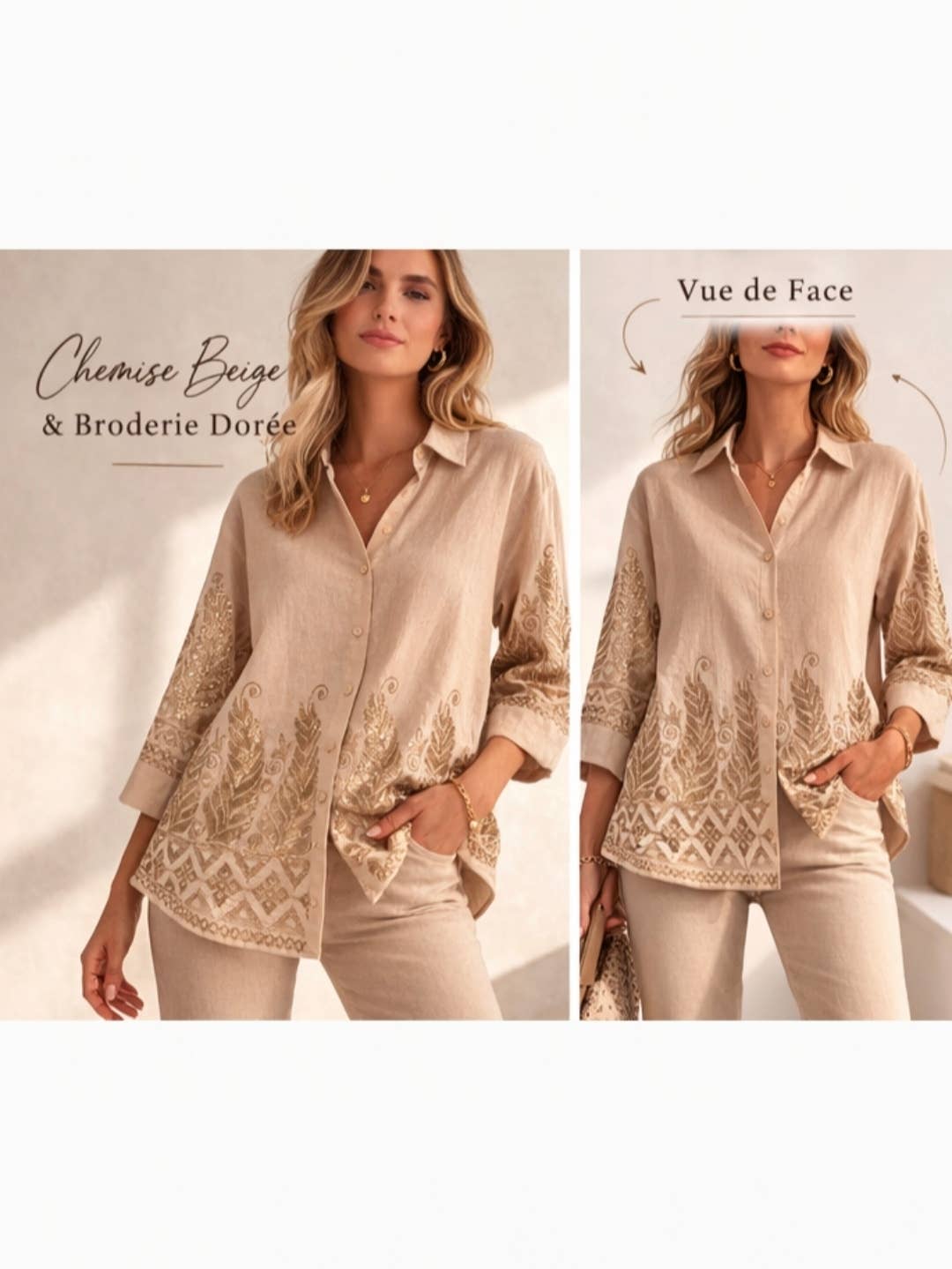 FL011 women's gold-embroidered shirt: Beige / M/L L/XL