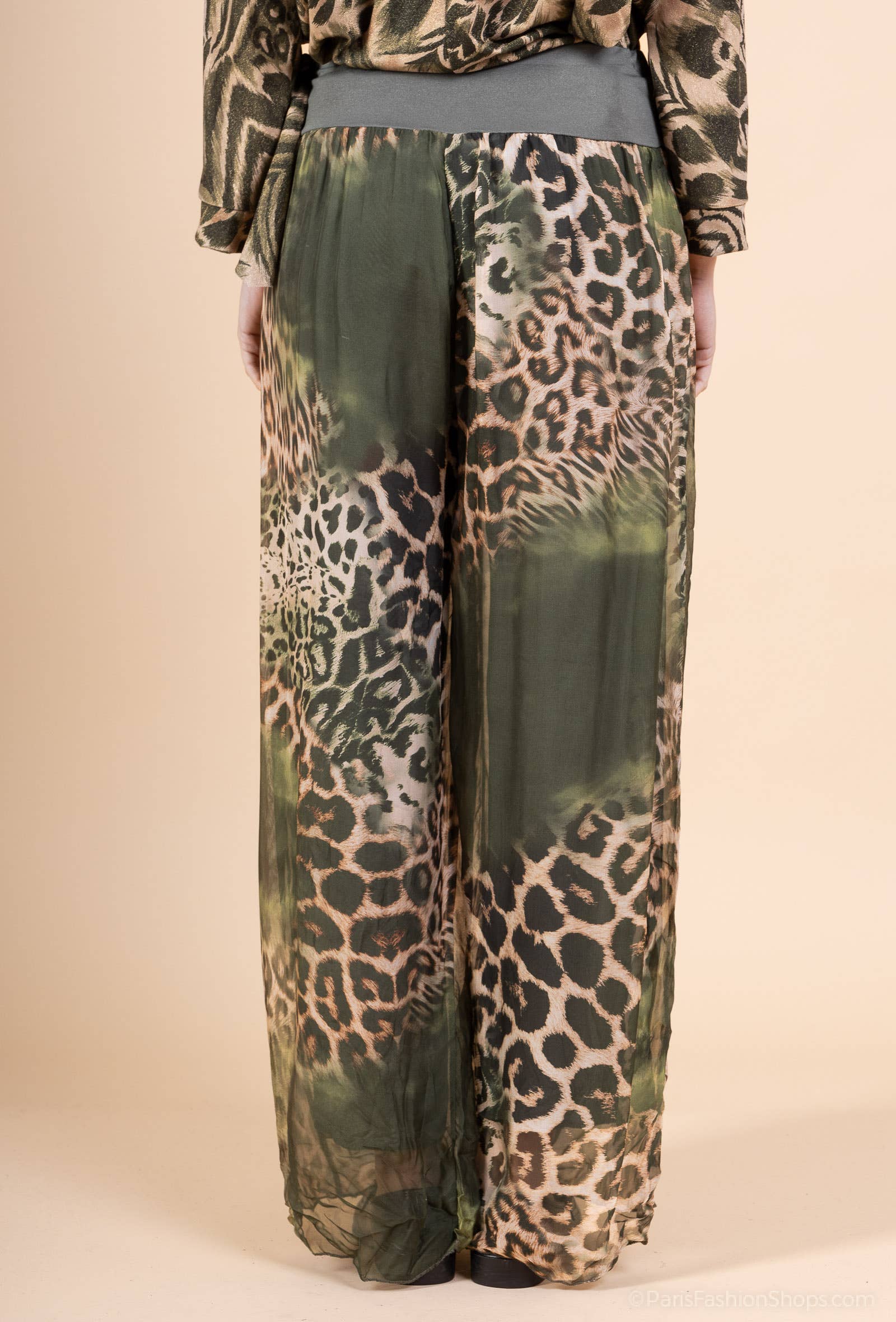 Leopard Silk Pants 20572: Khaki