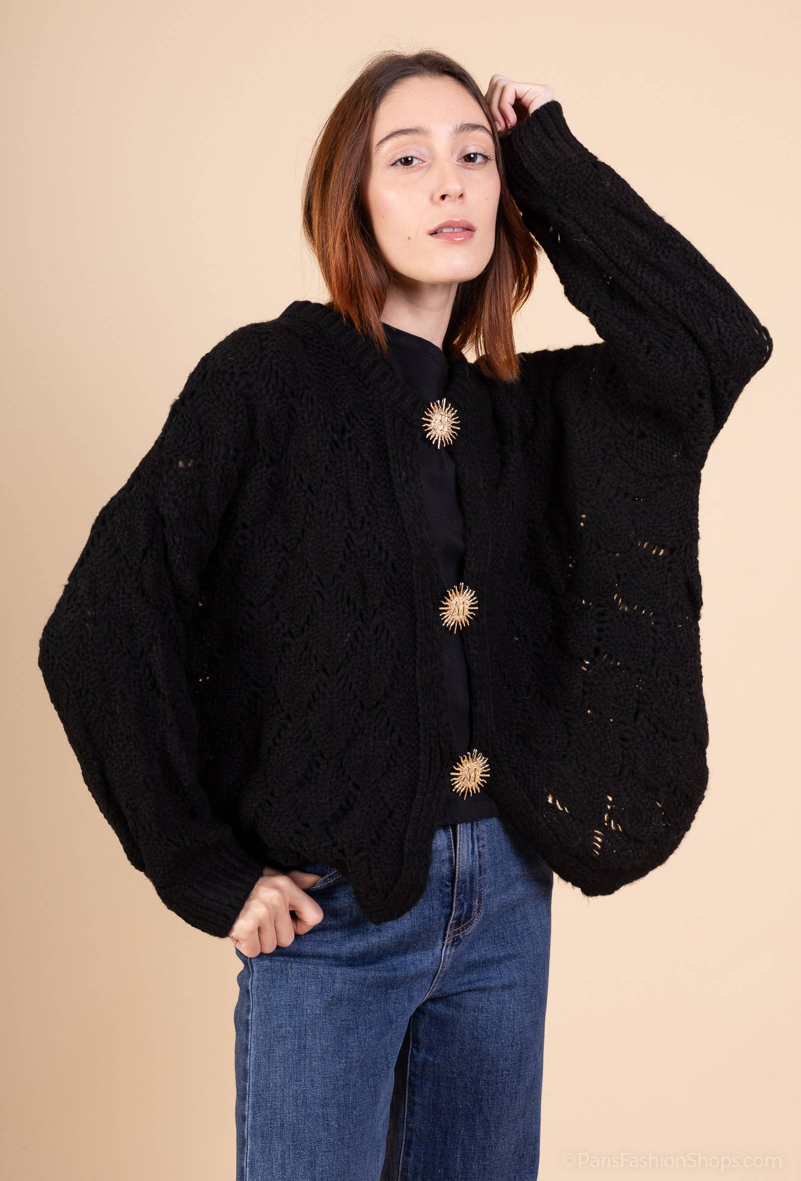 Mohair cardigan 3 sun brooches 41002: 10% mohair 20% nylon 70% acrylic / Chocolate / One size