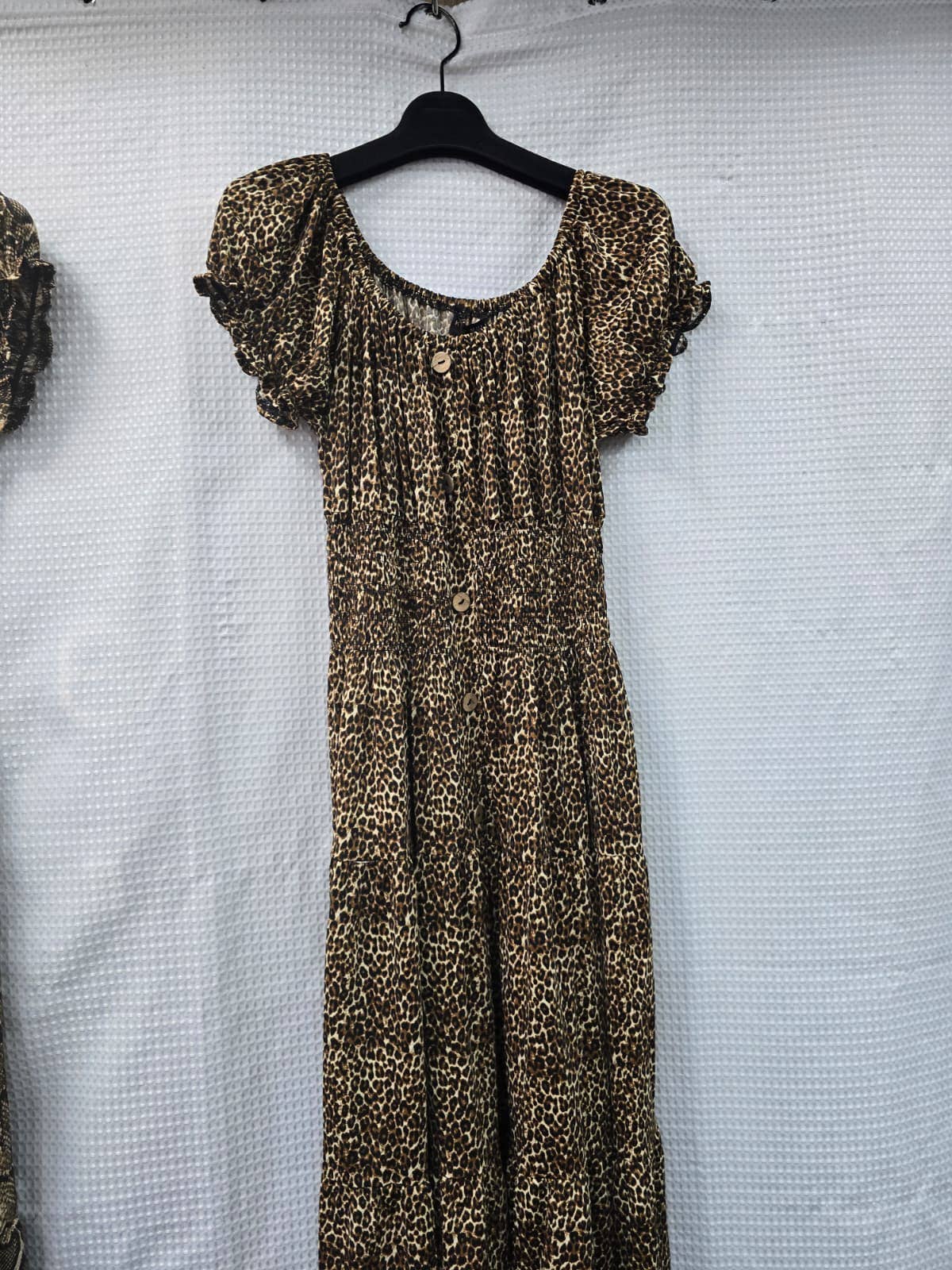 Animal Printed Bardot Midi Dresses: Brown Leopard