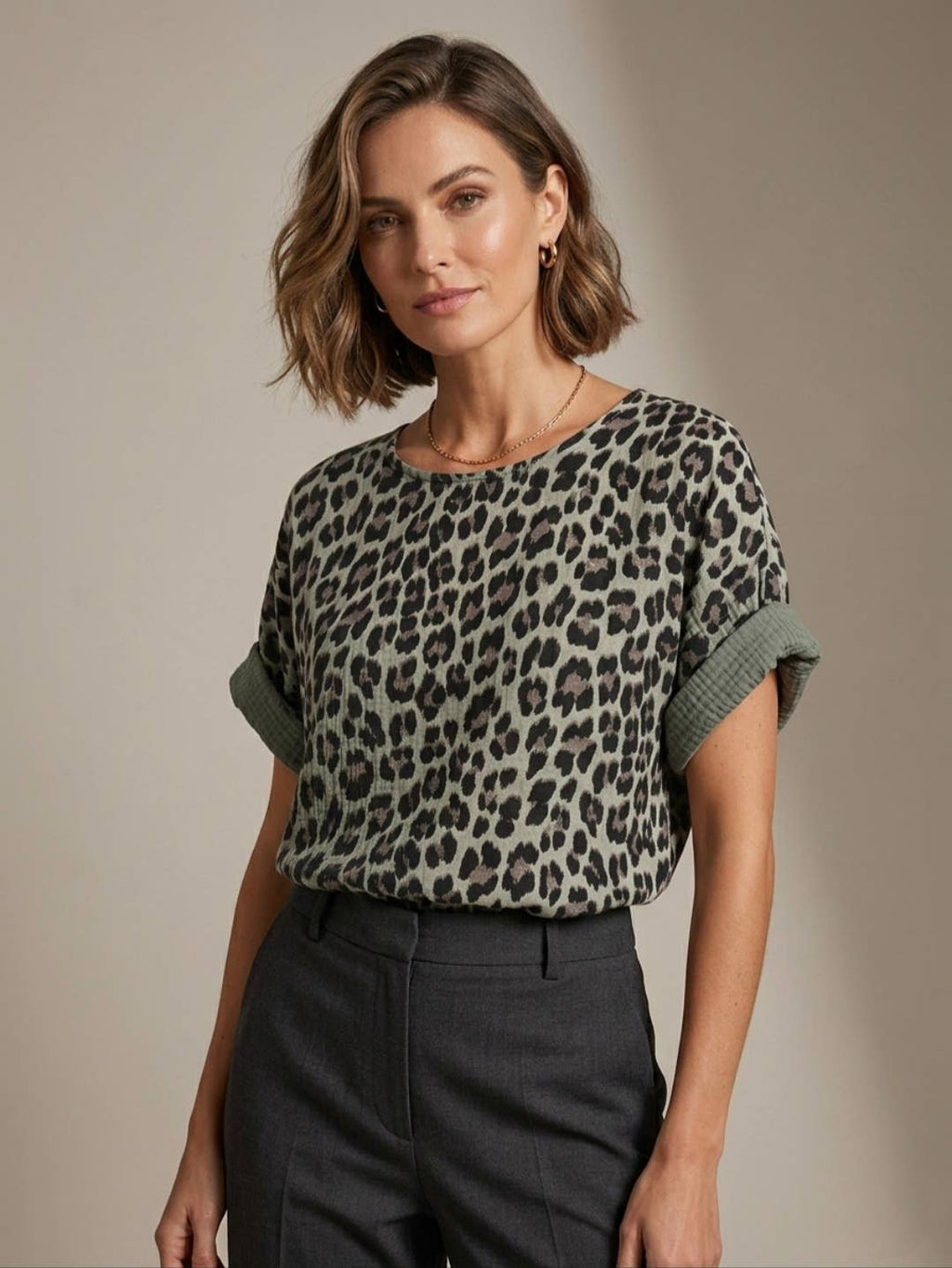 Leopard cotton-gauze blouse: Kaki
