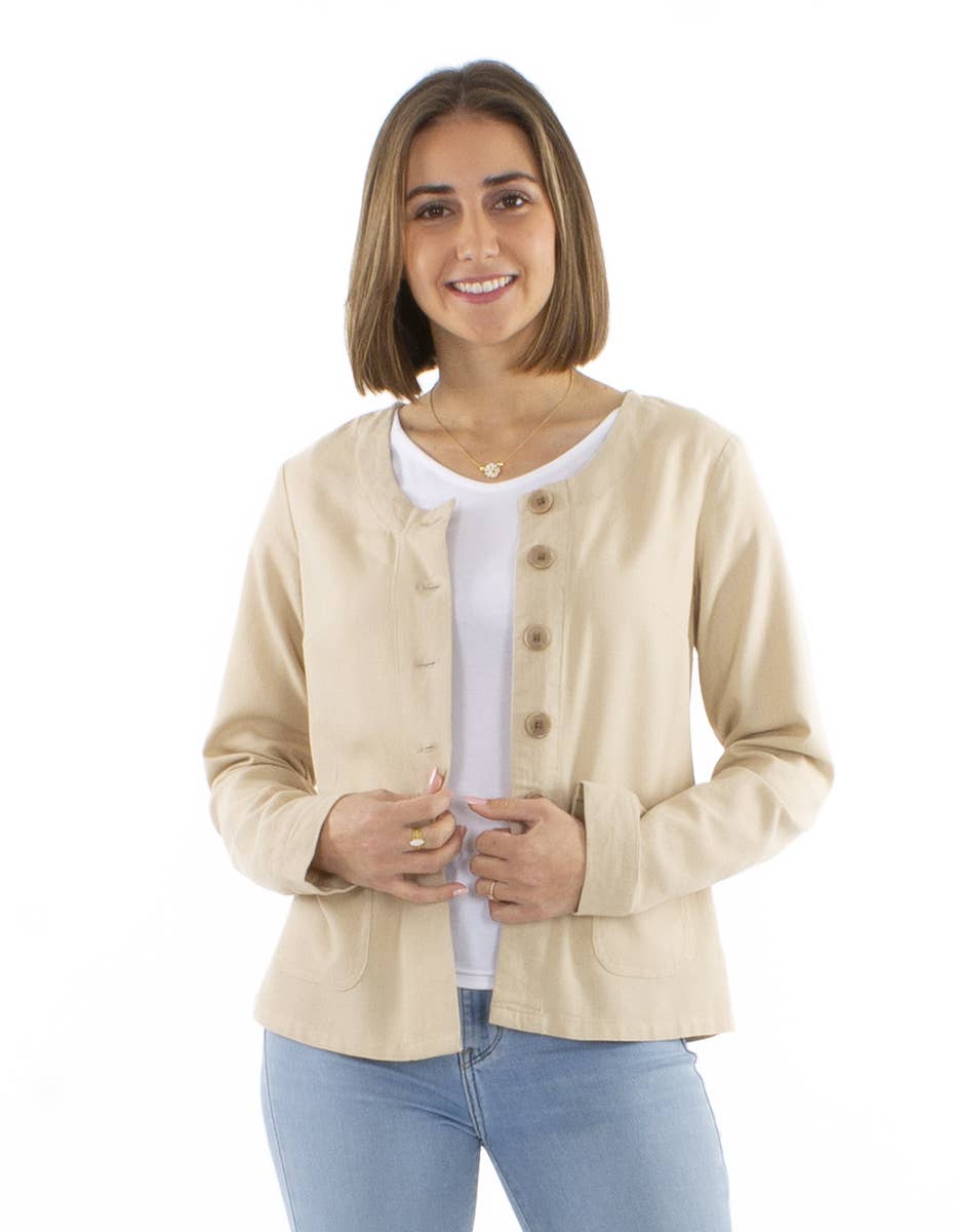 Jackets-WOMEN-VE17713: Beige / Light chic jacket with pocket, cotton / L