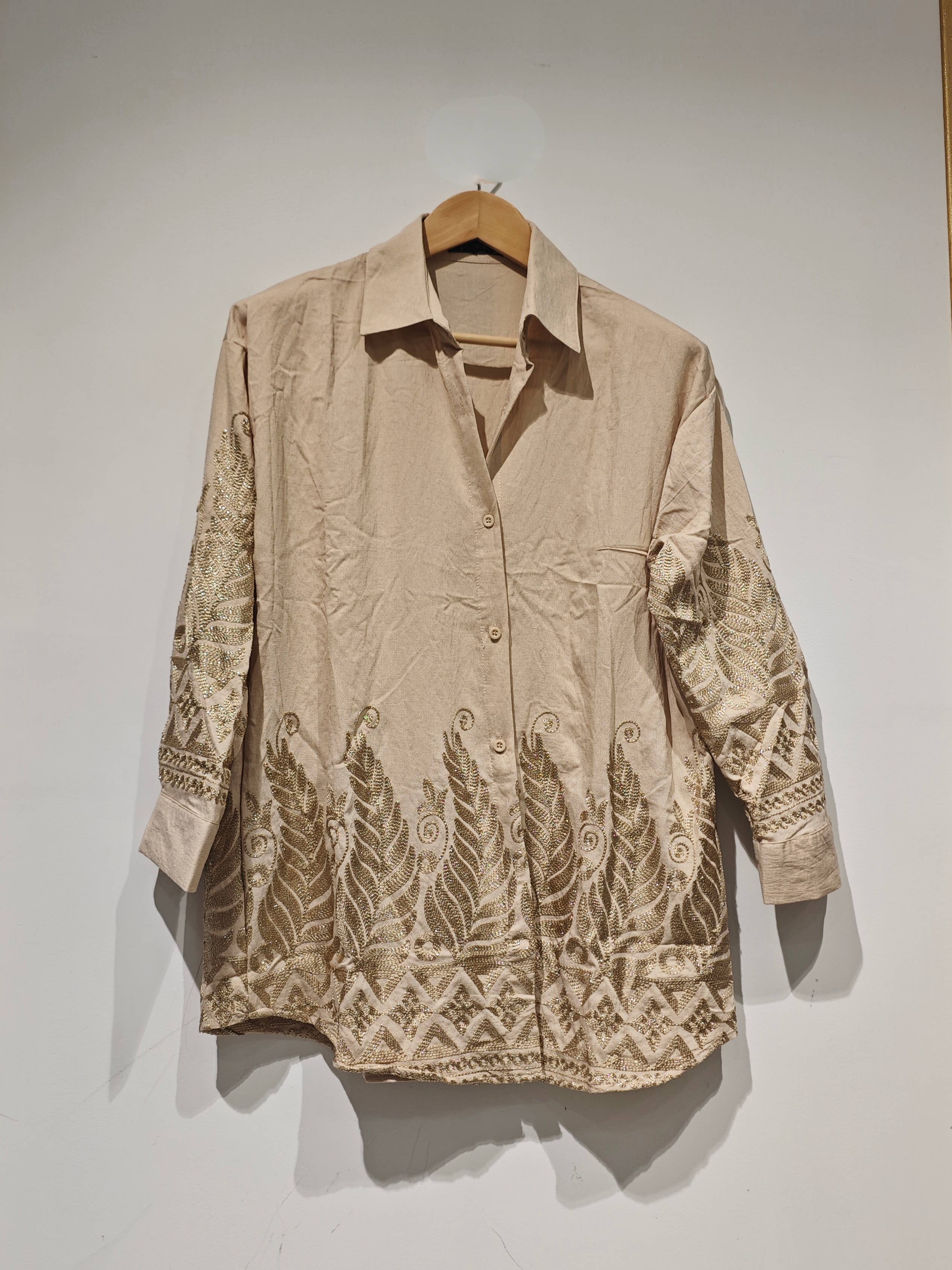 FL011 women's gold-embroidered shirt: Beige / M/L L/XL