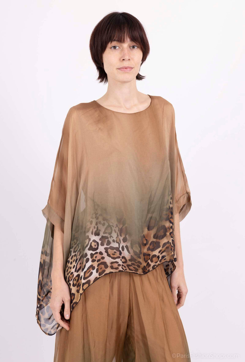 Leopard Print Silk Top 50489: 30% silk 70% viscose / Chocolate / One size