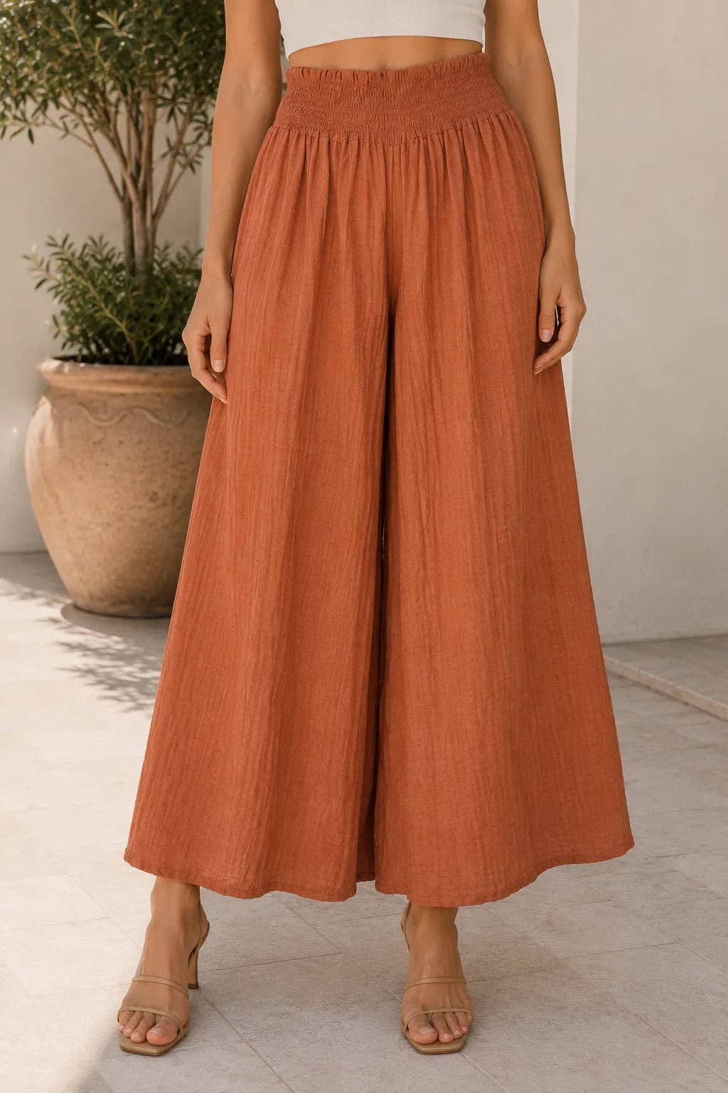 Italian Womens Viscose Wide Leg Trousers UK 8-20: Brown / One Size To Fit UK 8-20