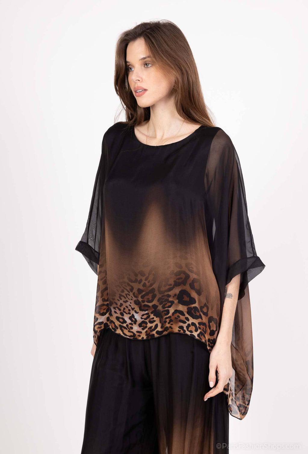 Leopard Print Silk Top 50489: 30% silk 70% viscose / Camel / One size