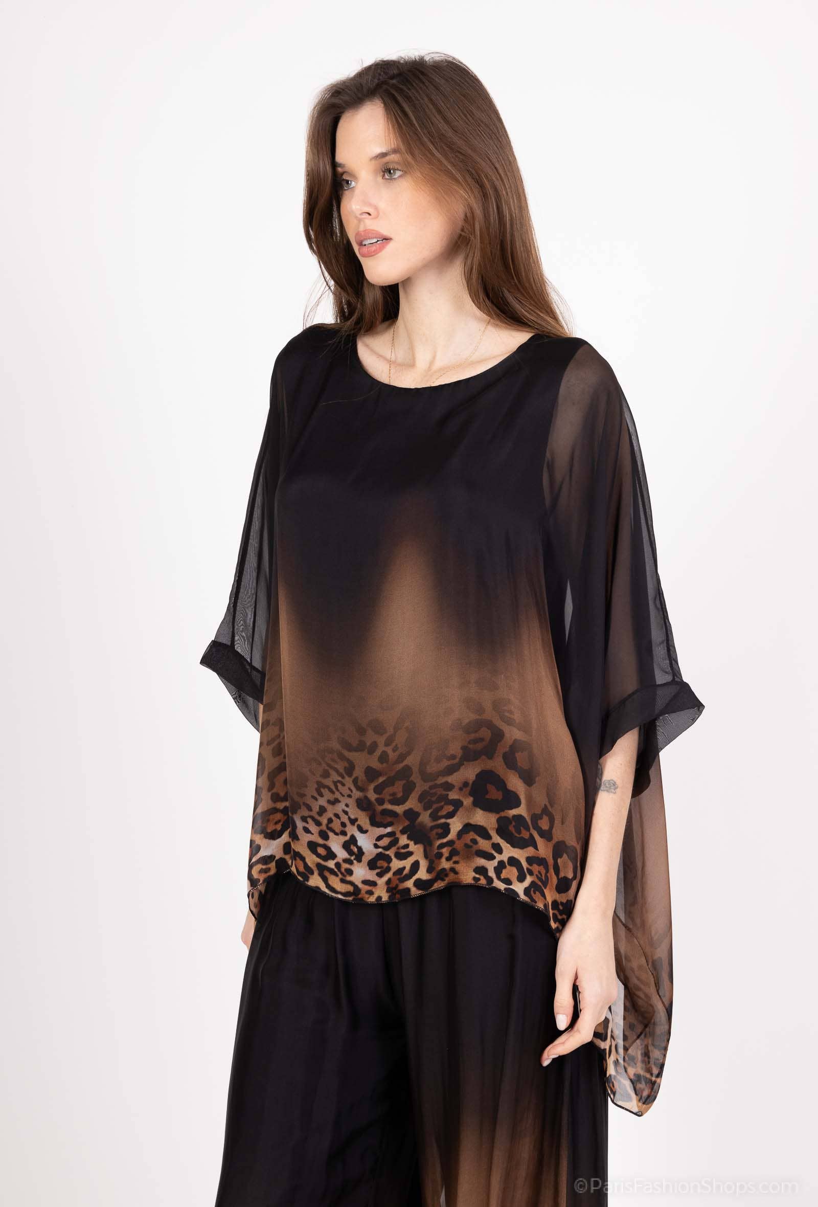 Leopard Print Silk Top 50489: 30% silk 70% viscose / Camel / One size