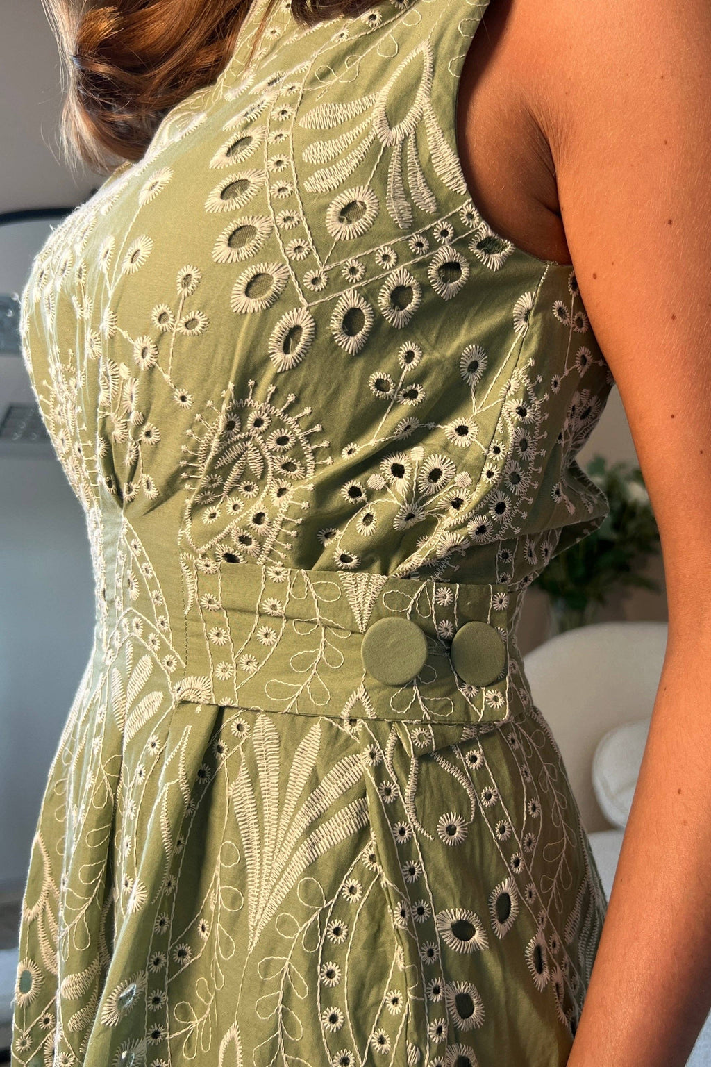 Monroe Adjustable Waist Midi Sundress In Green Broidery: Green
