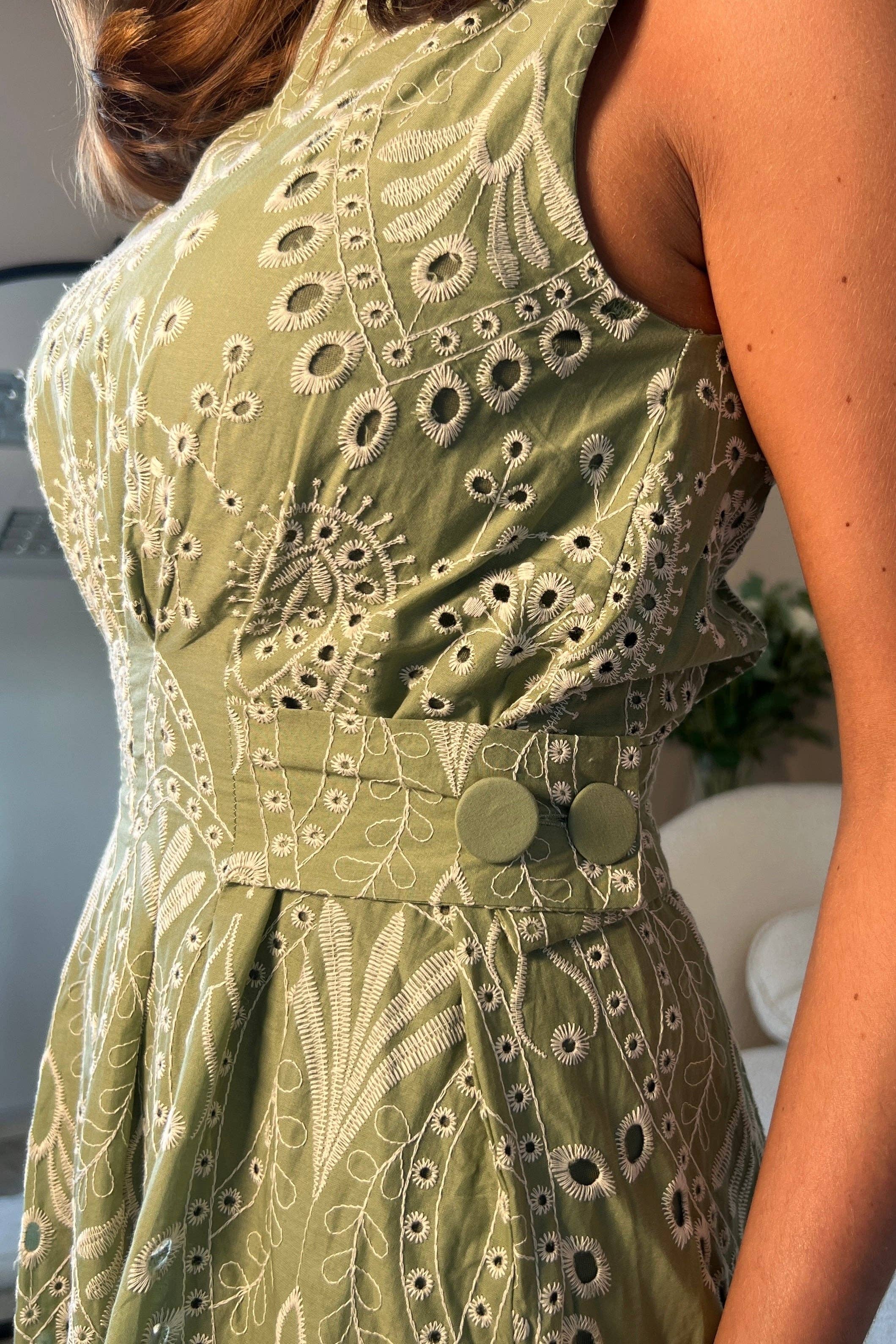 Monroe Adjustable Waist Midi Sundress In Green Broidery: Green