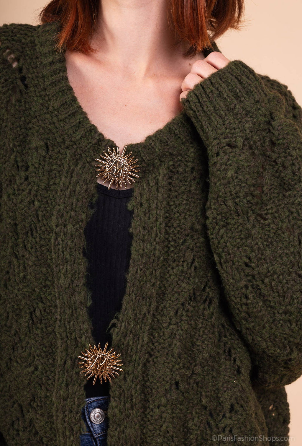 Mohair cardigan 3 sun brooches 41002: 10% mohair 20% nylon 70% acrylic / Khaki / One size