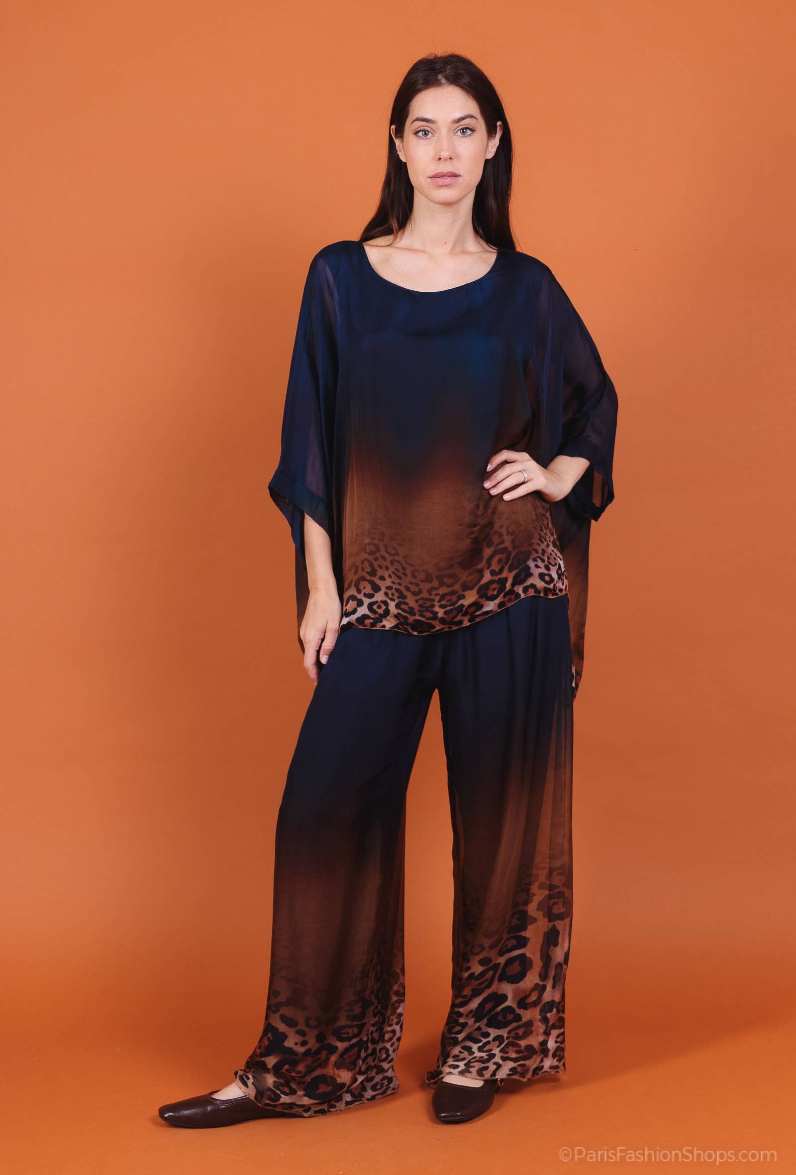 Leopard Print Silk Top 50489: 30% silk 70% viscose / Chocolate / One size